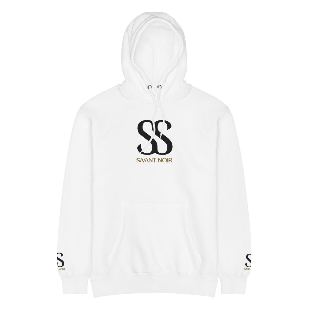 White SAVANT NOIR luxury streetwear hoodie with black SS logo and front pocket