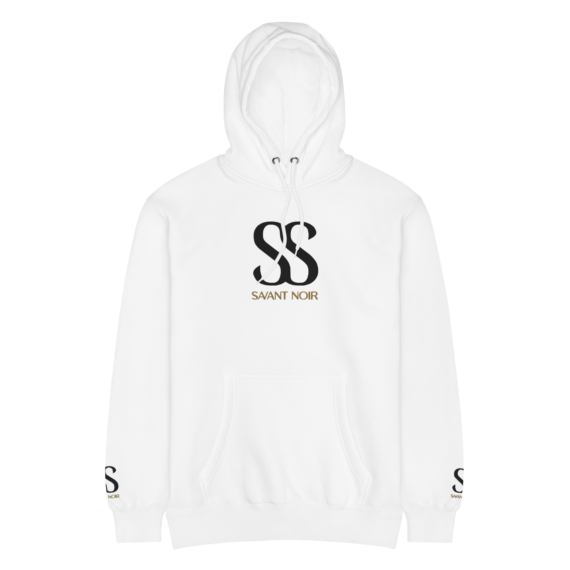 White SAVANT NOIR luxury streetwear hoodie with black SS logo and front pocket