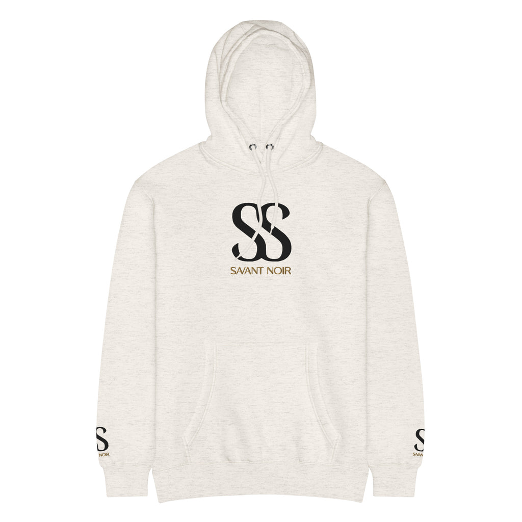 Savant Noir luxury streetwear hoodie in light beige with black SS logo and front pocket
