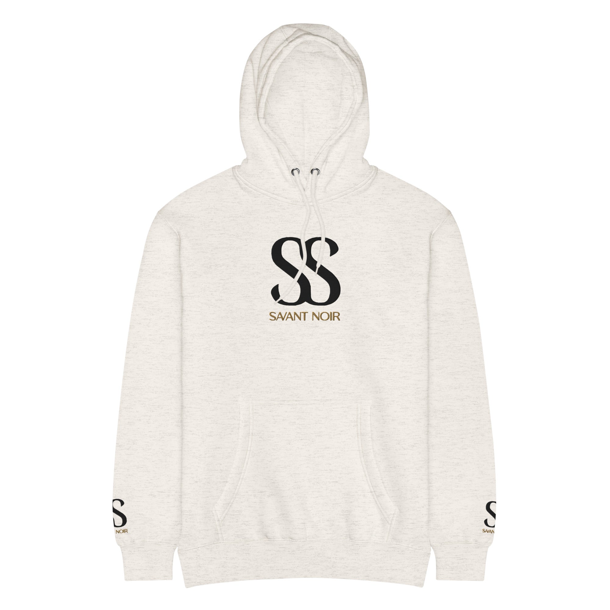 Savant Noir luxury streetwear hoodie in light beige with black SS logo and front pocket