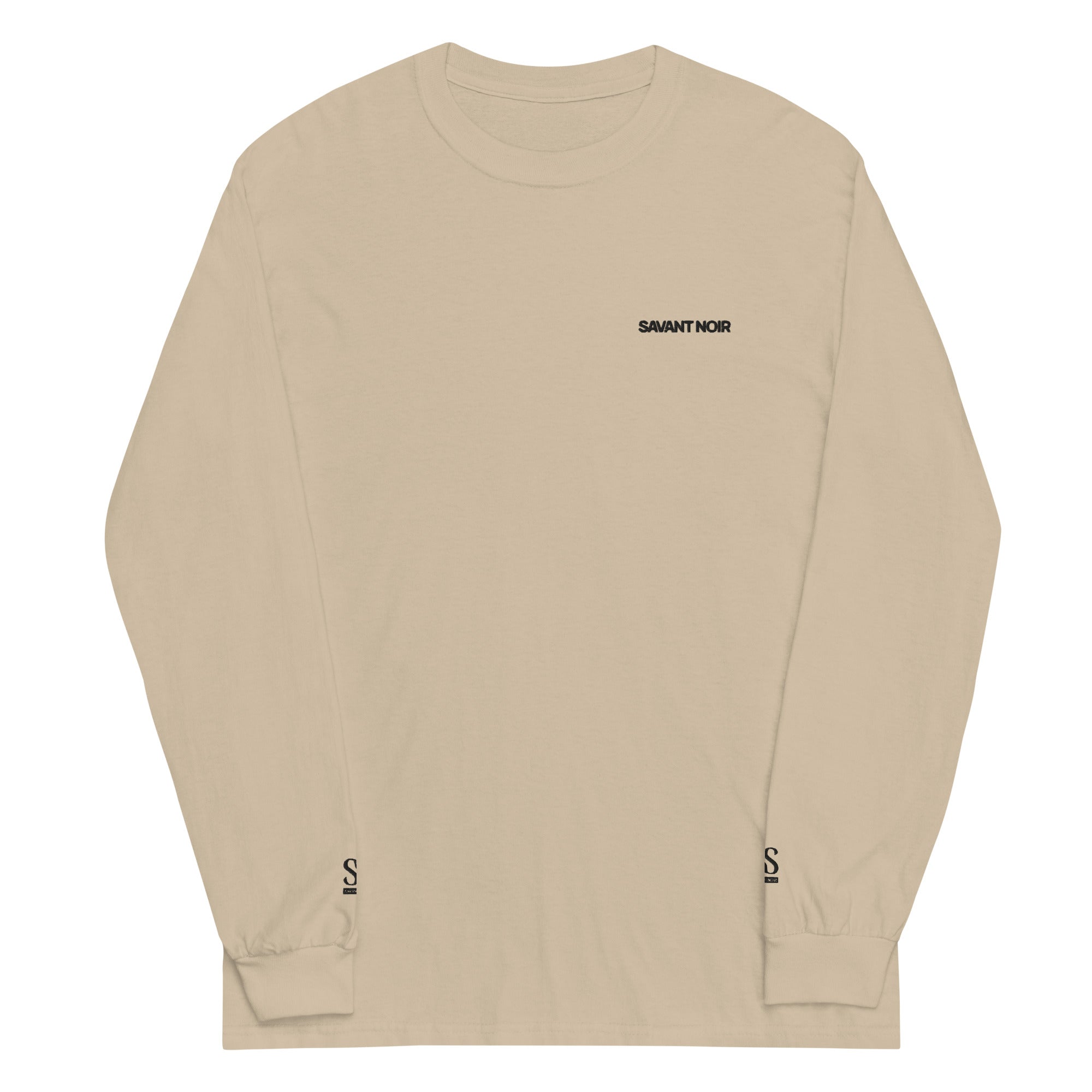 SAVANT NOIR beige luxury streetwear long sleeve with small black logo on chest and cuffs