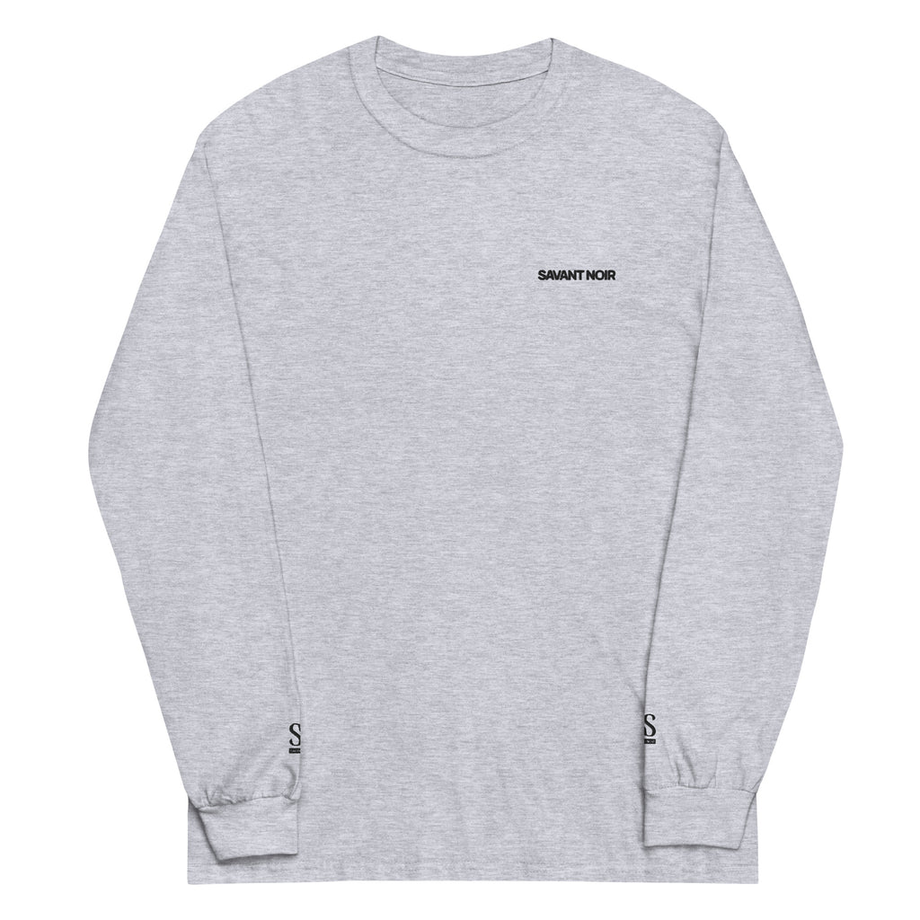 SAVANT NOIR gray luxury streetwear long sleeve shirt with small black logo on chest and cuffs
