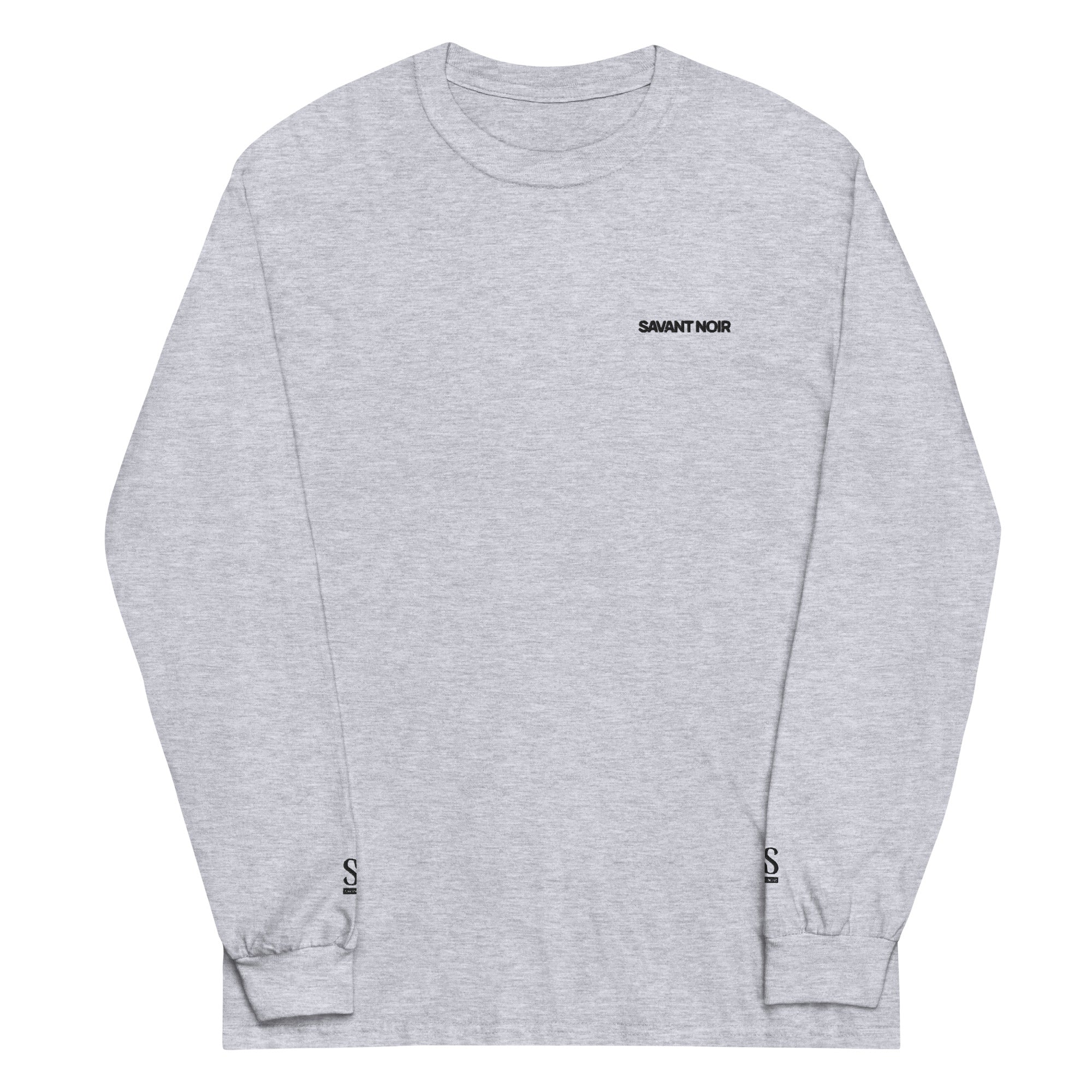 SAVANT NOIR gray luxury streetwear long sleeve shirt with small black logo on chest and cuffs
