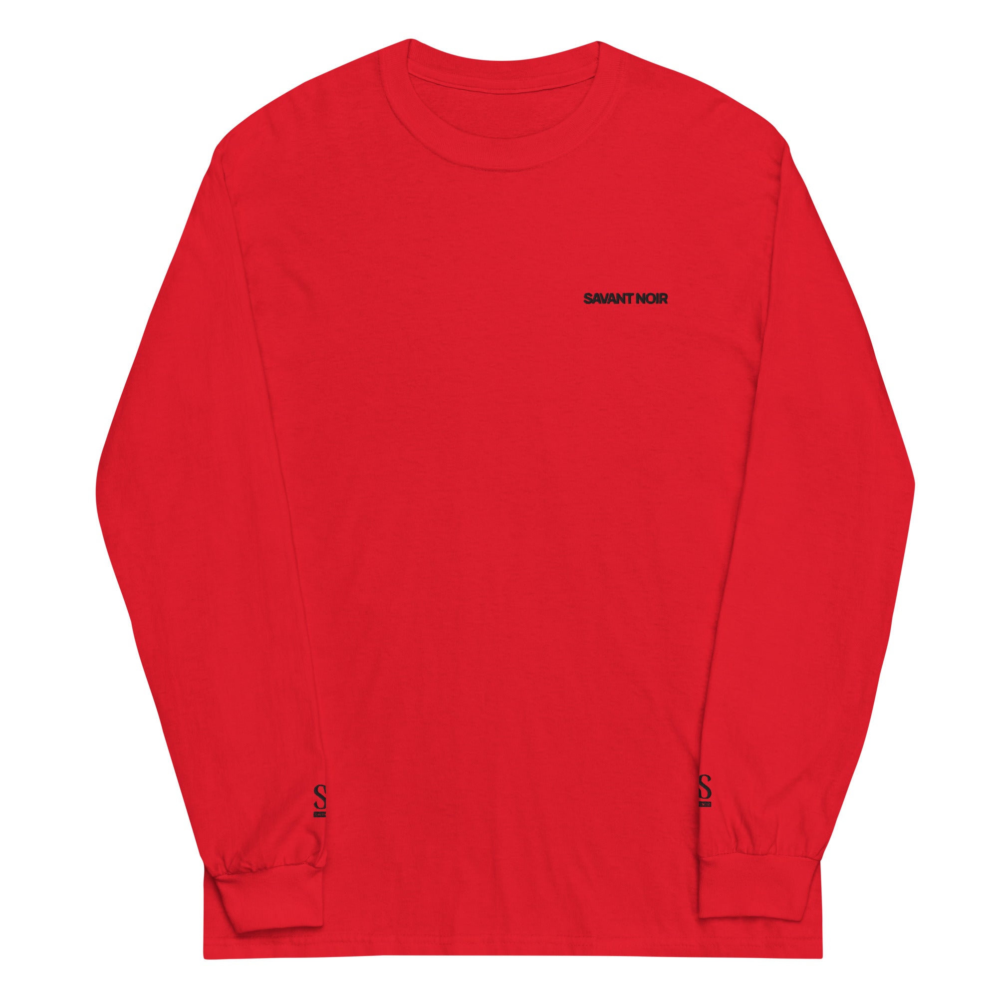SAVANT NOIR red luxury streetwear long sleeve shirt with small black logo on chest and cuffs
