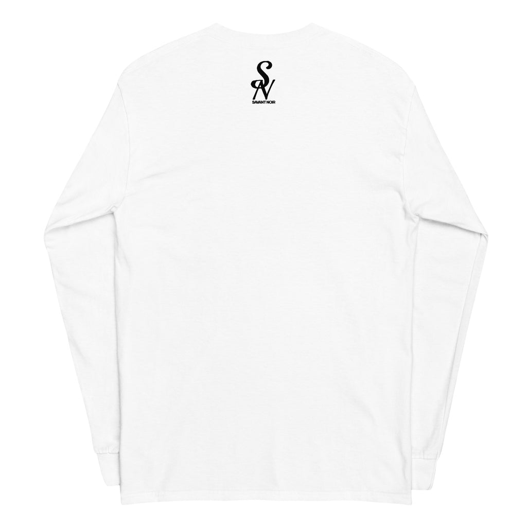 SAVANT NOIR white luxury streetwear long sleeve shirt with black logo on the back
