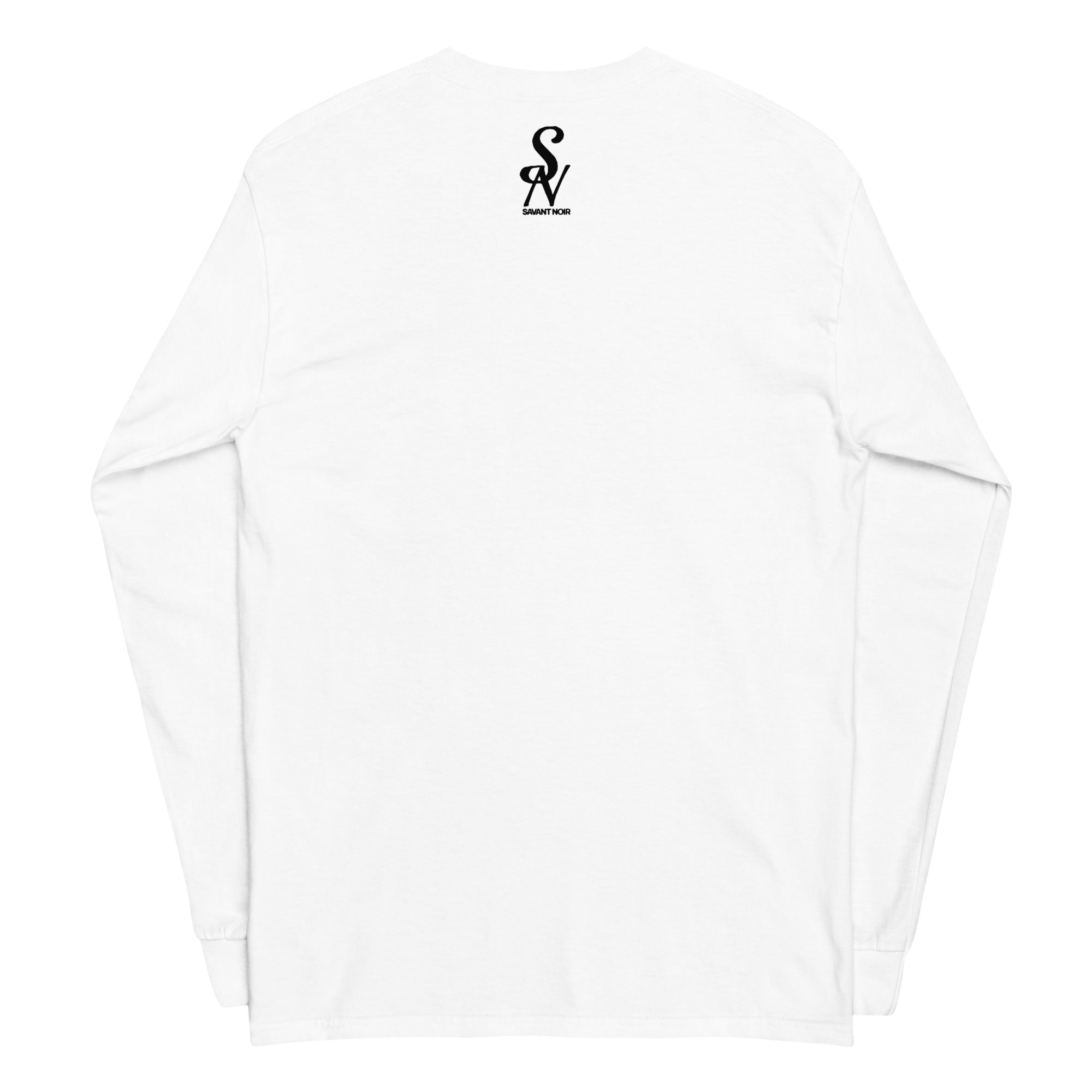 SAVANT NOIR white luxury streetwear long sleeve shirt with black logo on the back