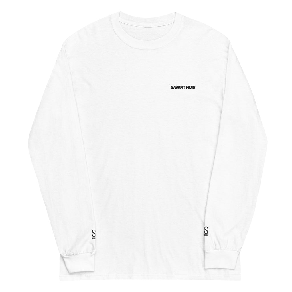 White SAVANT NOIR luxury streetwear long sleeve shirt with minimalist logo design