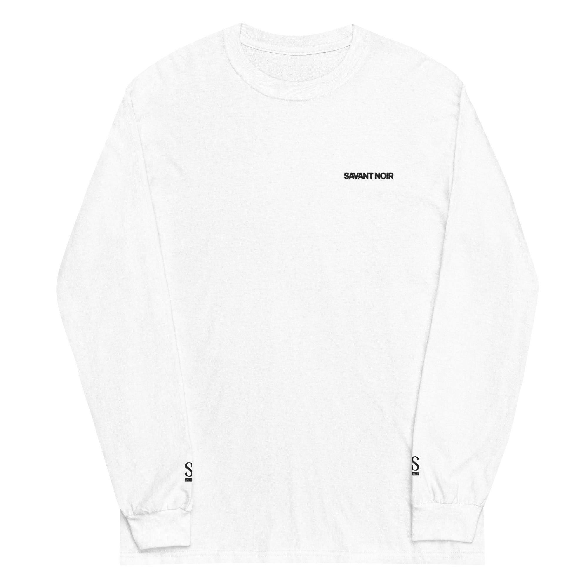 White SAVANT NOIR luxury streetwear long sleeve shirt with minimalist logo design
