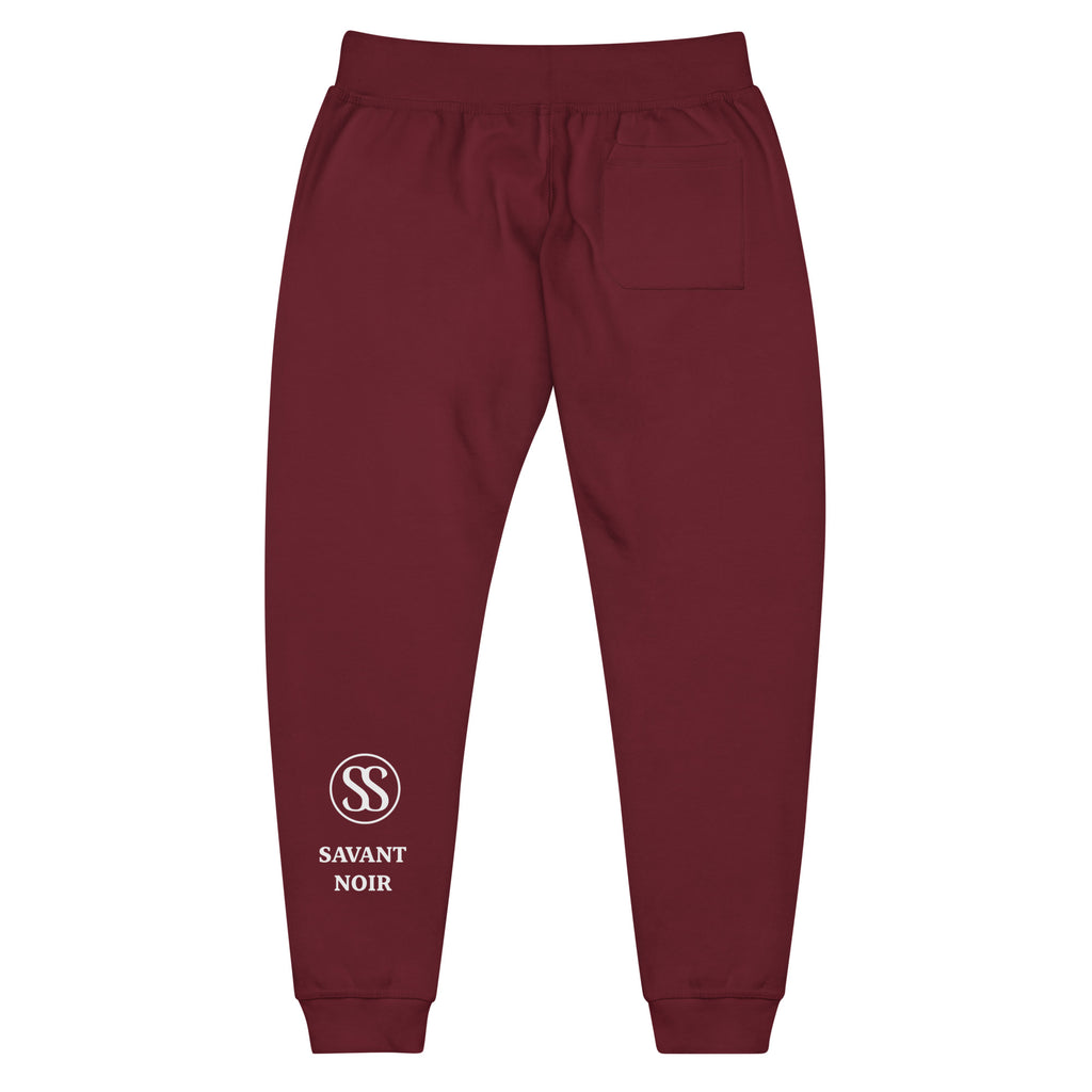 SAVANT NOIR maroon luxury streetwear quiet pants with back pocket and logo on leg