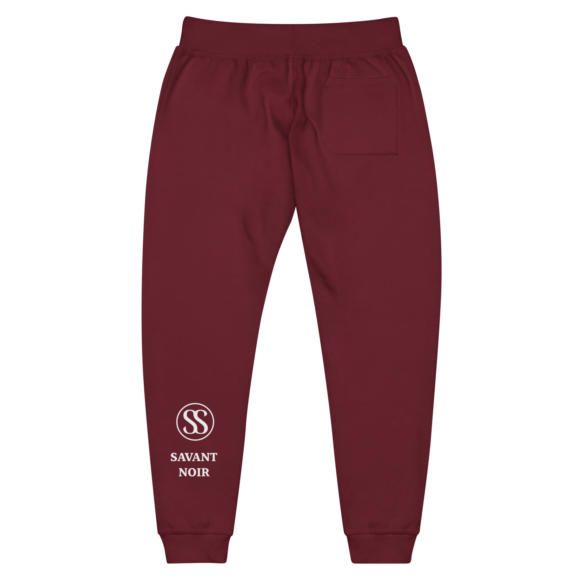 SAVANT NOIR maroon luxury streetwear quiet pants with back pocket and logo on leg