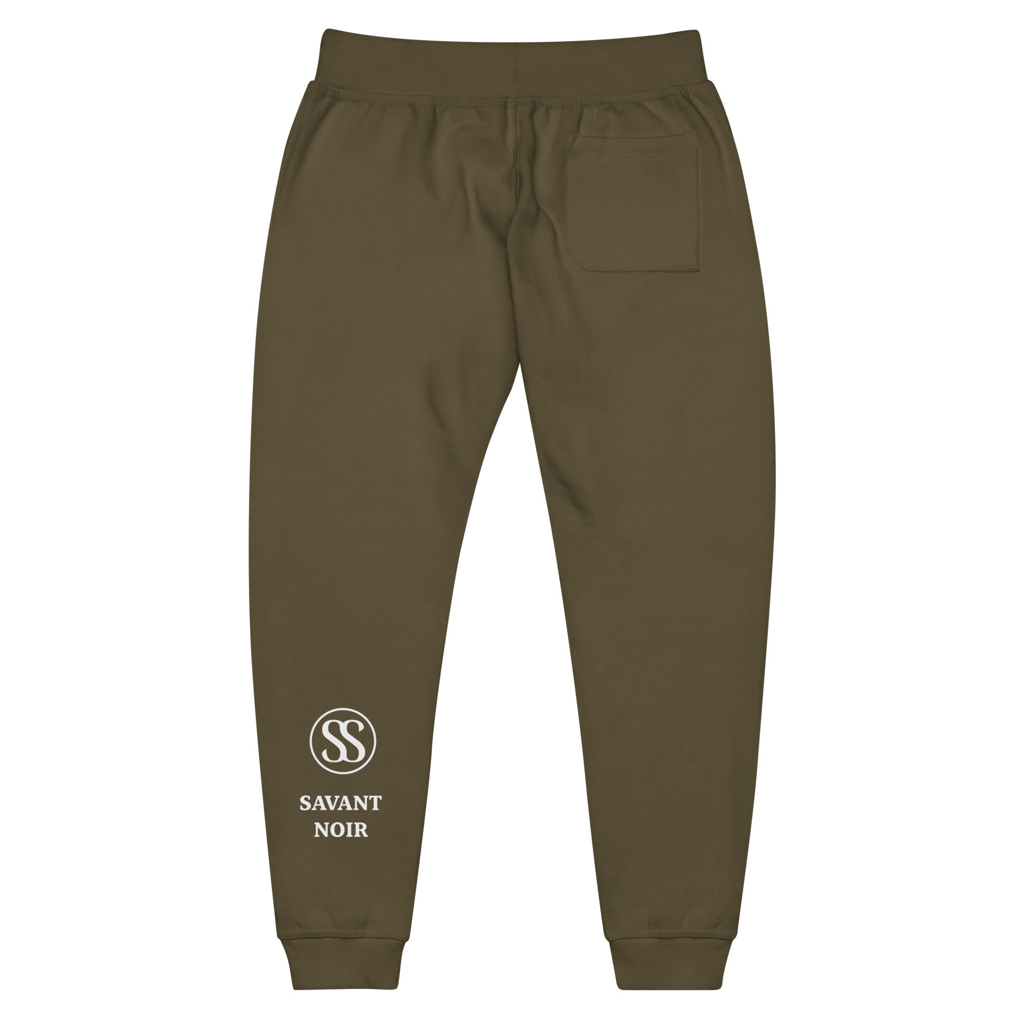 Savant Noir olive green luxury streetwear quiet pants with back pocket and logo on leg