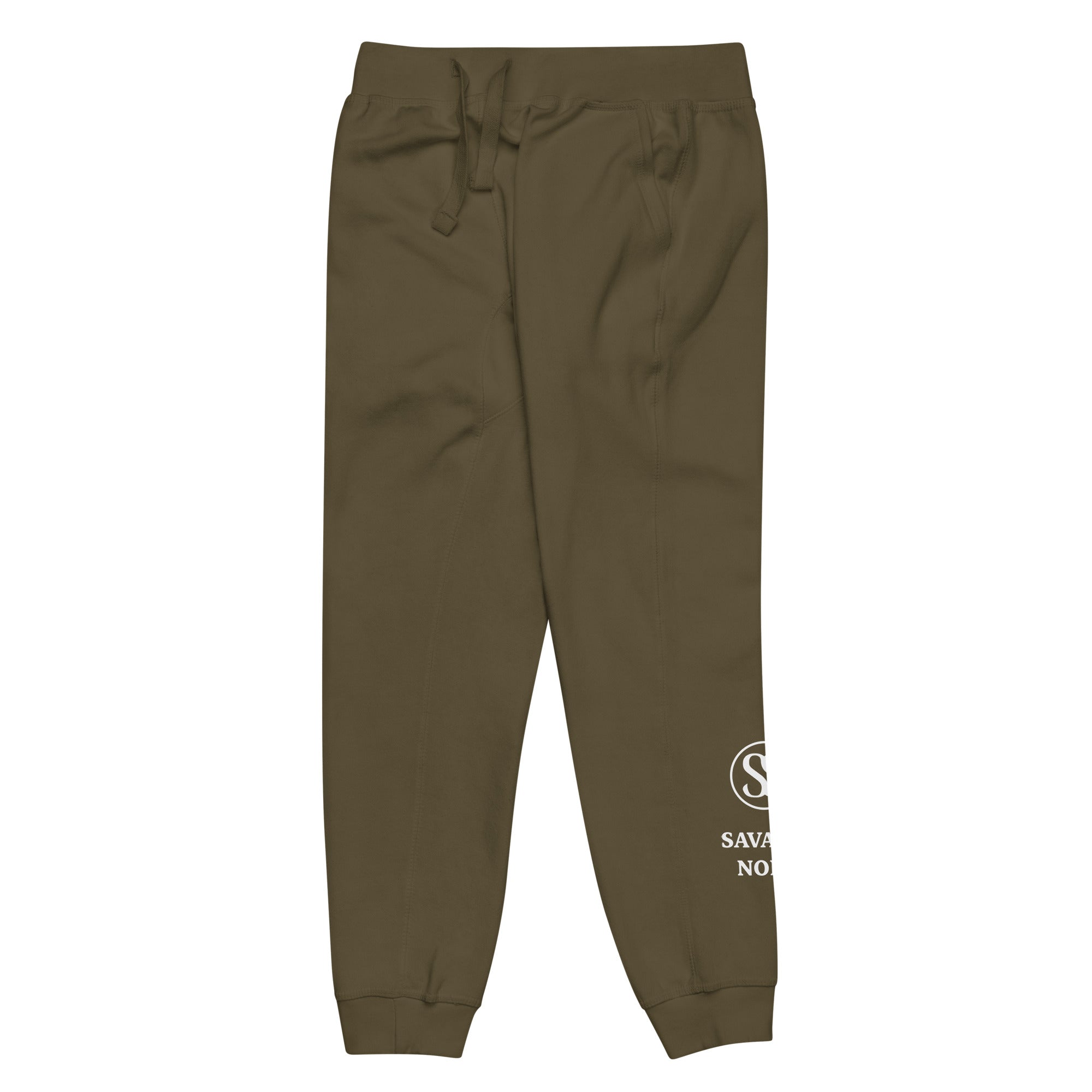 SAVANT NOIR olive green luxury streetwear quiet pants with drawstring waistband and cuffed ankles