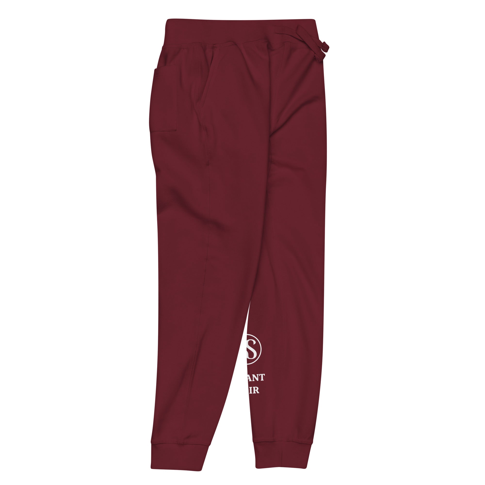 SAVANT NOIR burgundy luxury streetwear quiet pants with elastic waistband and cuffed ankles