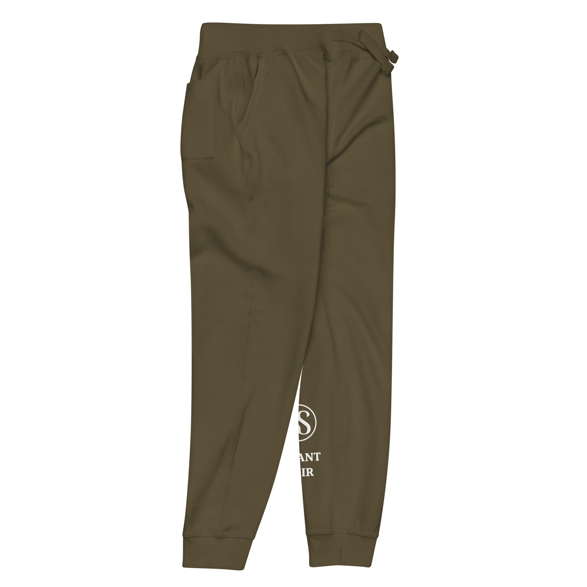 SAVANT NOIR olive green luxury streetwear quiet pants with elastic waistband and cuffs