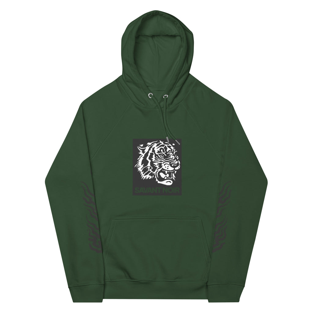 SAVANT NOIR luxury tiger print hoodie in dark green with a bold tiger graphic on the chest and subtle sleeve designs