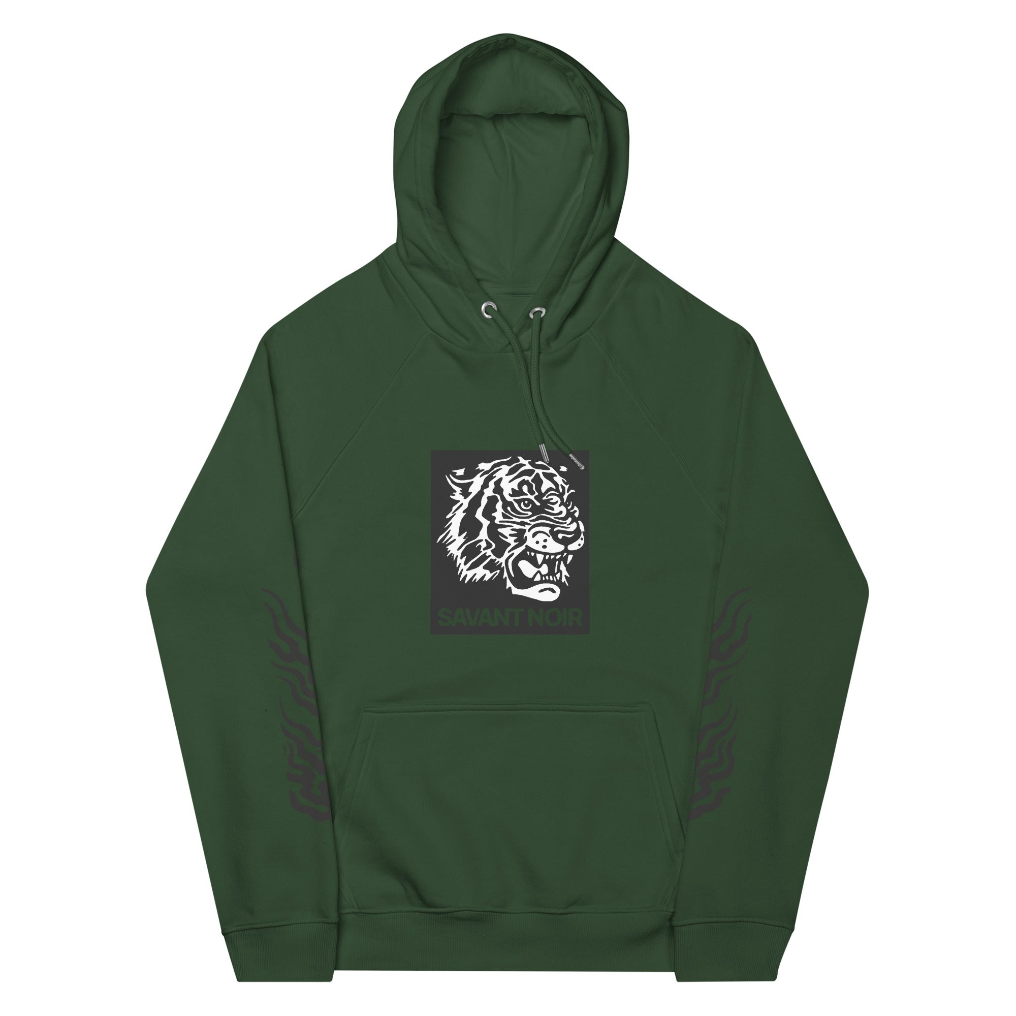 SAVANT NOIR luxury tiger print hoodie in dark green with a bold tiger graphic on the chest and subtle sleeve designs