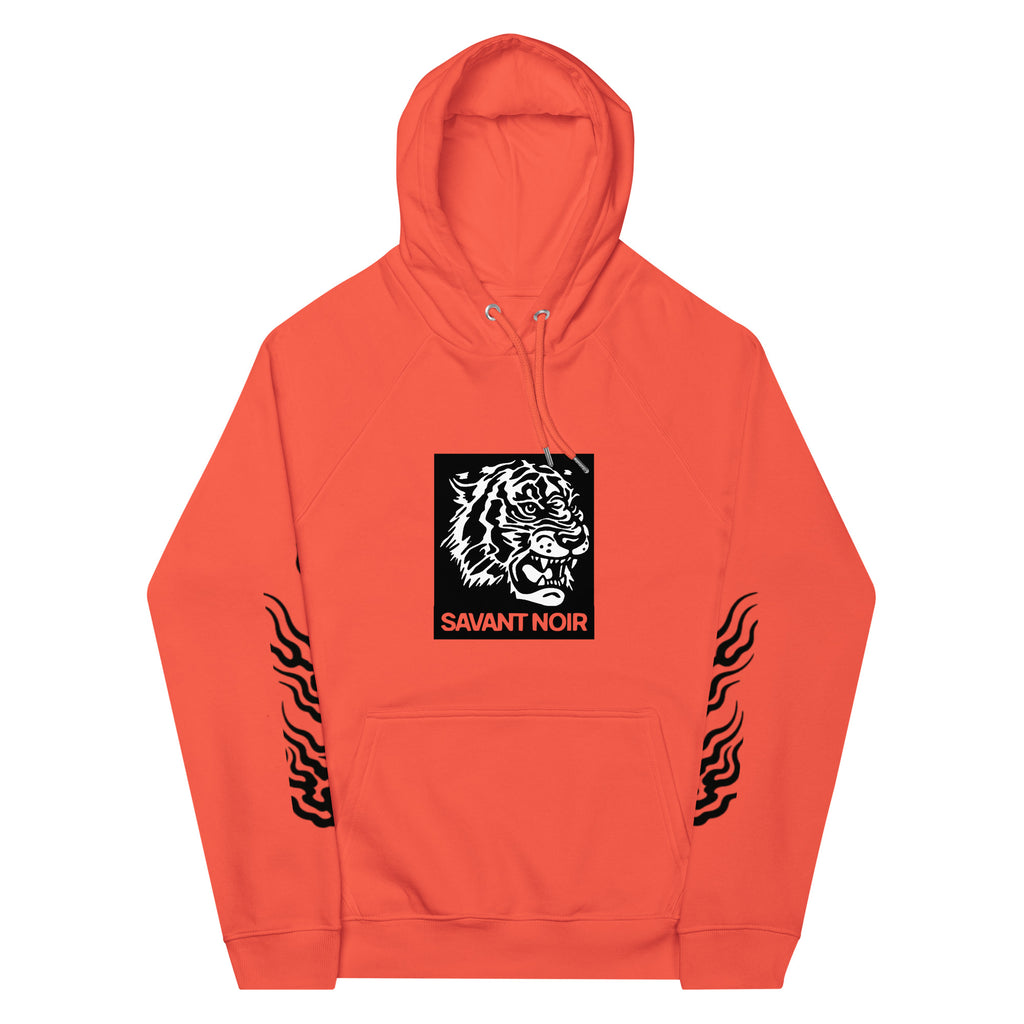 SAVANT NOIR luxury tiger print hoodie in bright orange with black tiger graphic and sleeve stripes