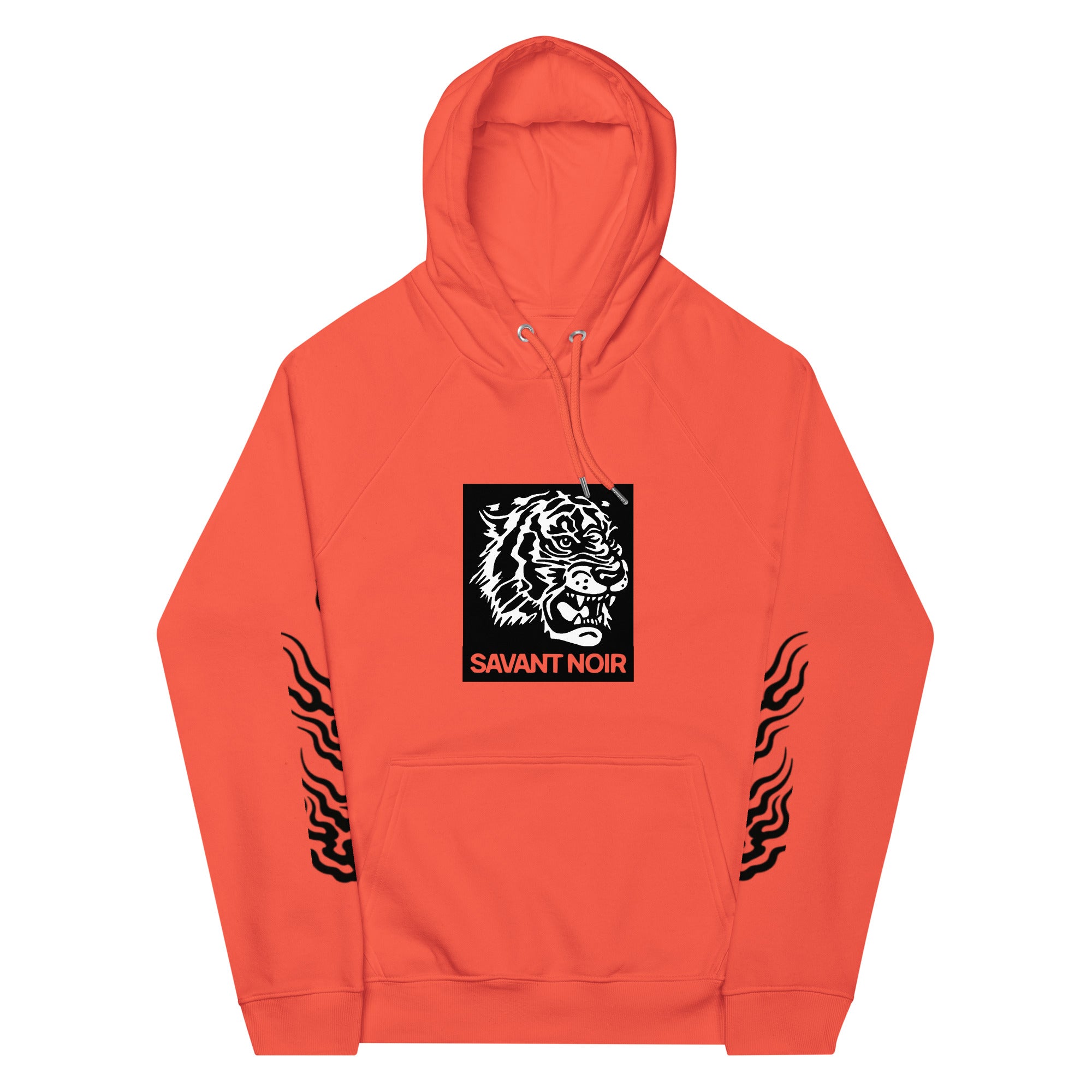 SAVANT NOIR luxury tiger print hoodie in bright orange with black tiger graphic and sleeve stripes