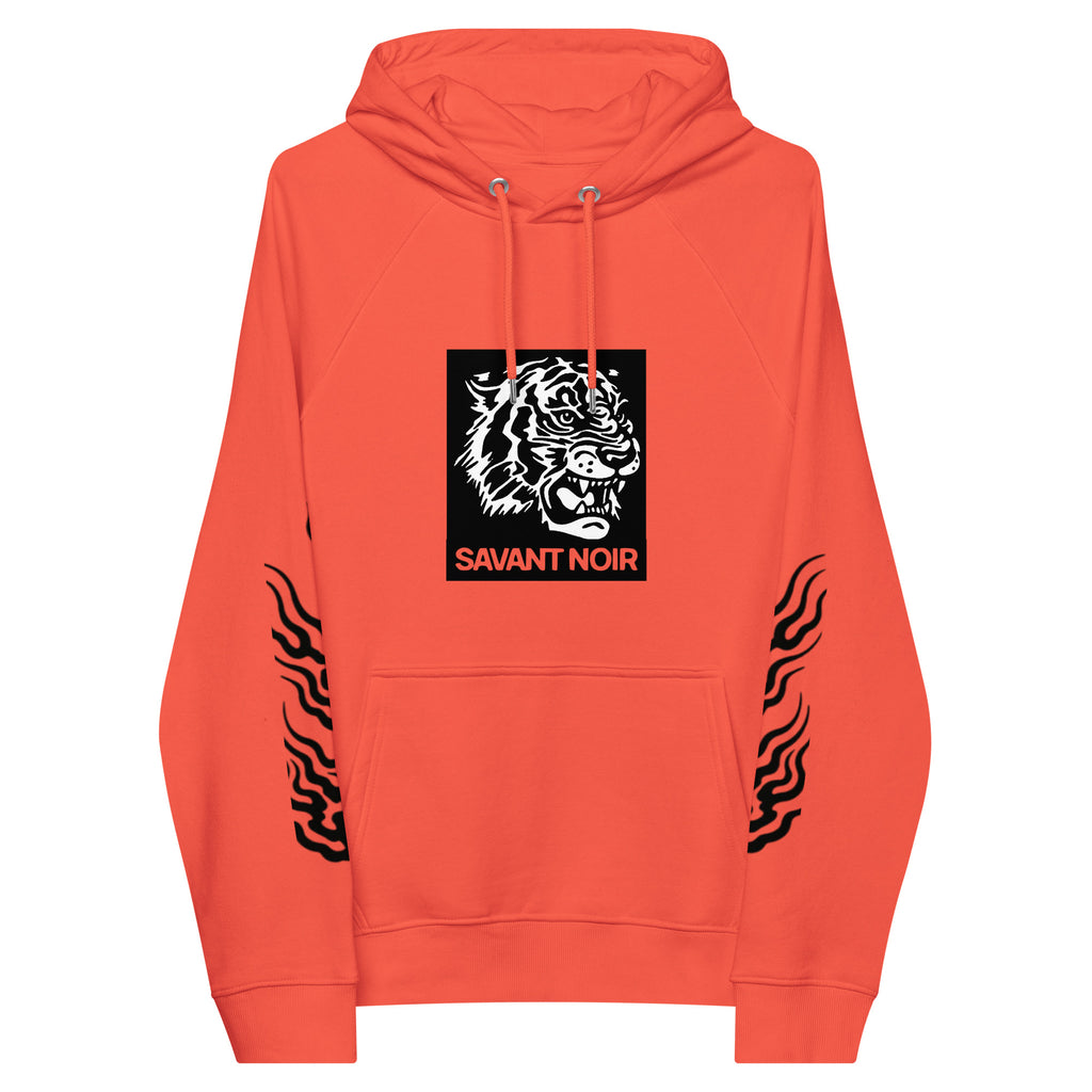 SAVANT NOIR luxury tiger print hoodie in orange with black tiger graphic and flame designs on sleeves