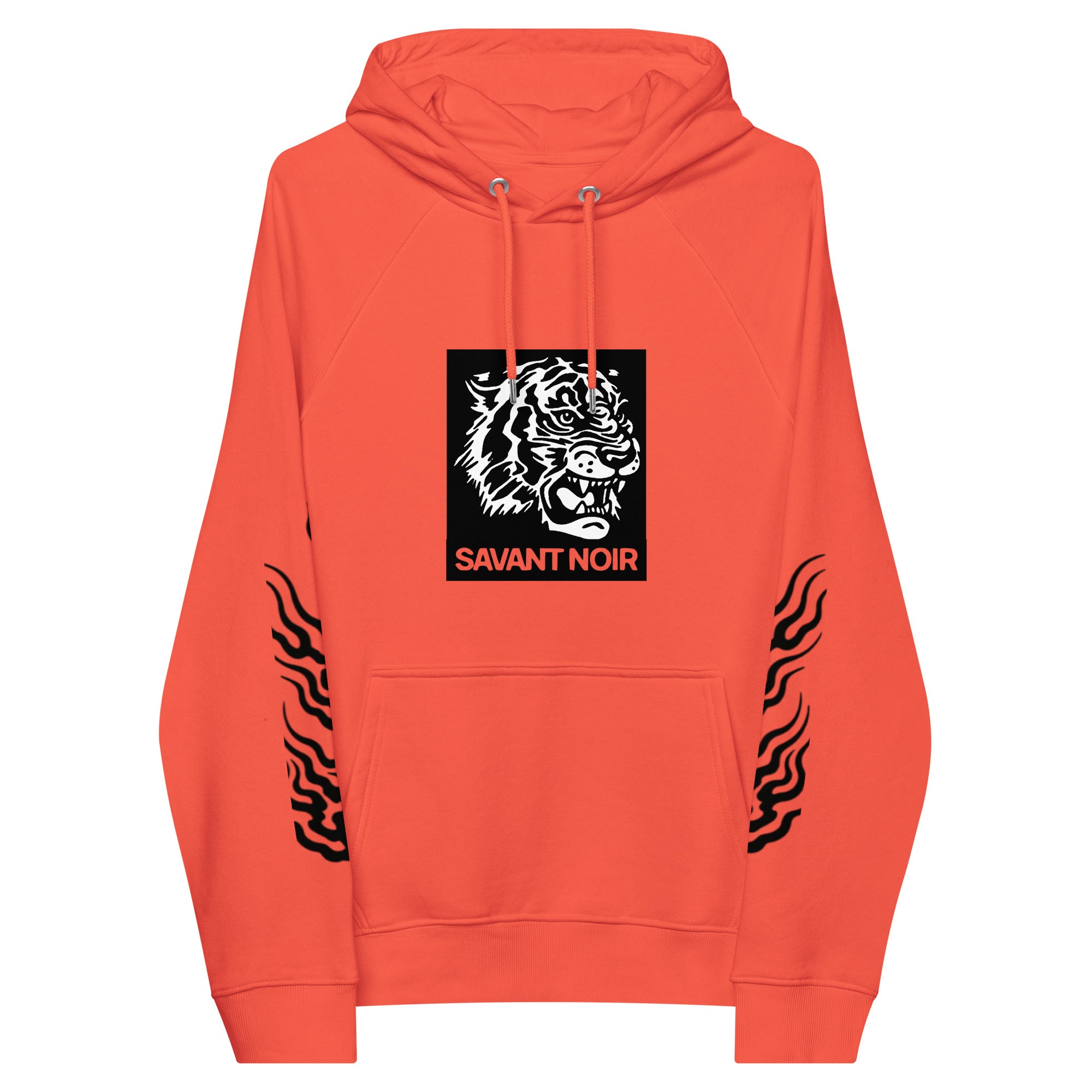 SAVANT NOIR luxury tiger print hoodie in orange with black tiger graphic and flame designs on sleeves