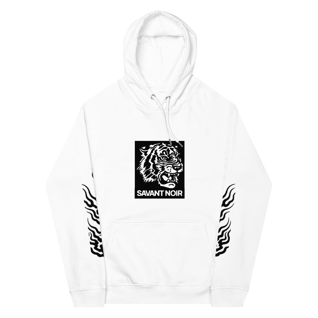 White luxury tiger print hoodie by SAVANT NOIR with black tiger graphic on chest and sleeve designs