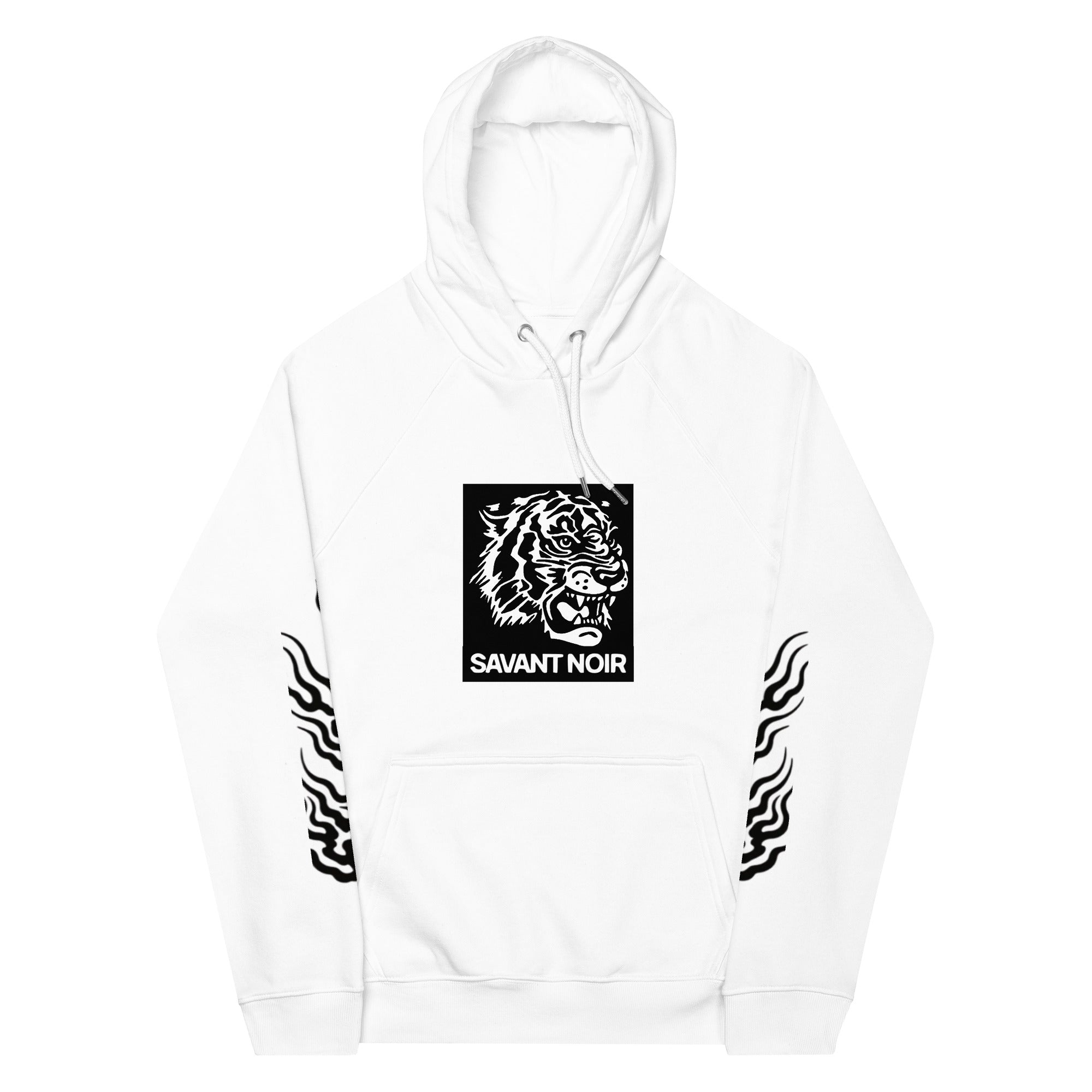 White luxury tiger print hoodie by SAVANT NOIR with black tiger graphic on chest and sleeve designs