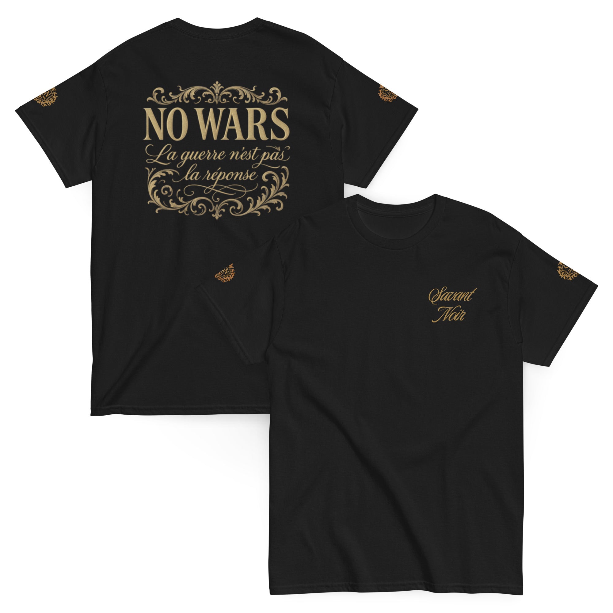 Black NO WARS embroidered tee by SAVANT NOIR with gold script and decorative designs on front, back, and sleeves