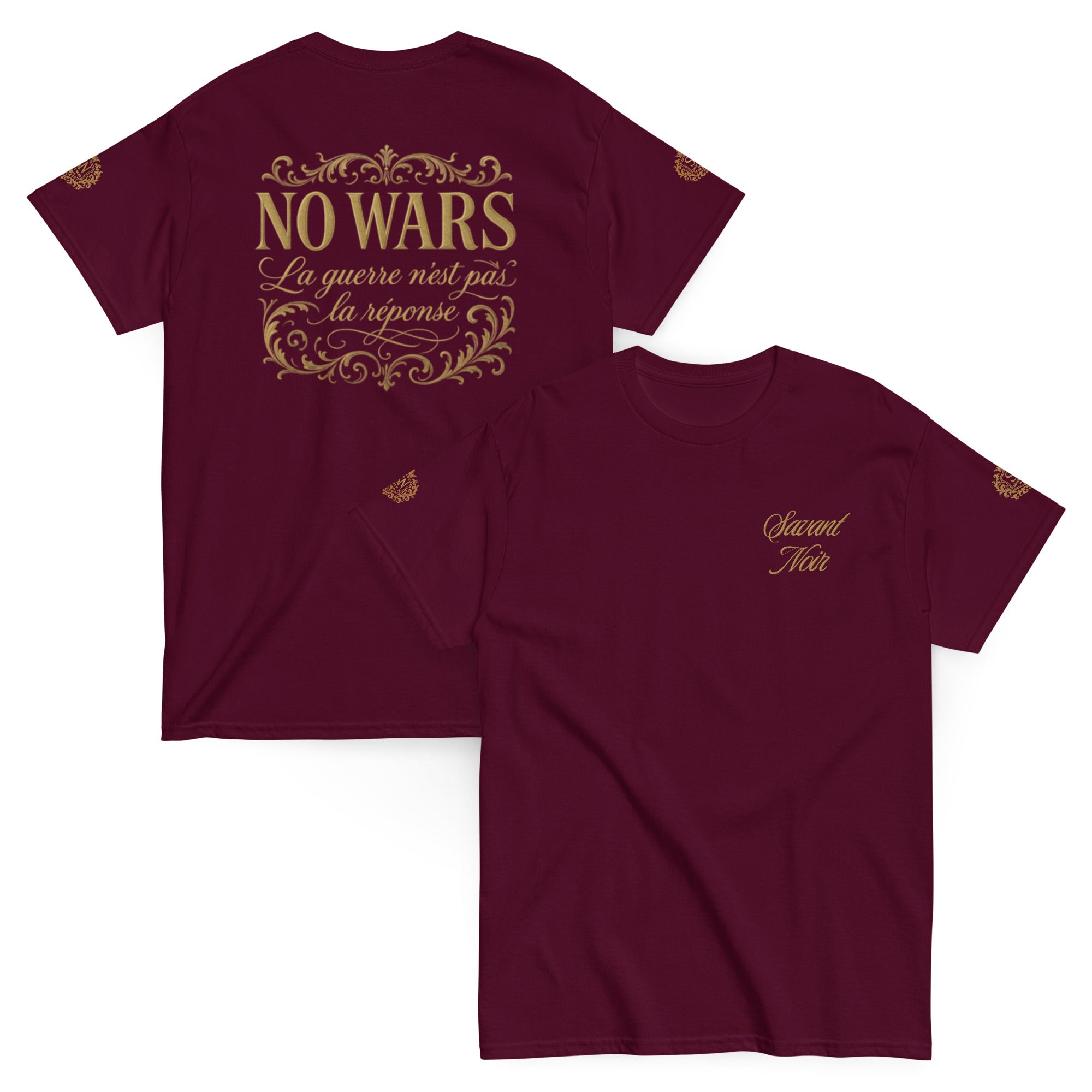 SAVANT NOIR NO WARS embroidered tee in burgundy with gold scripted text on front and back