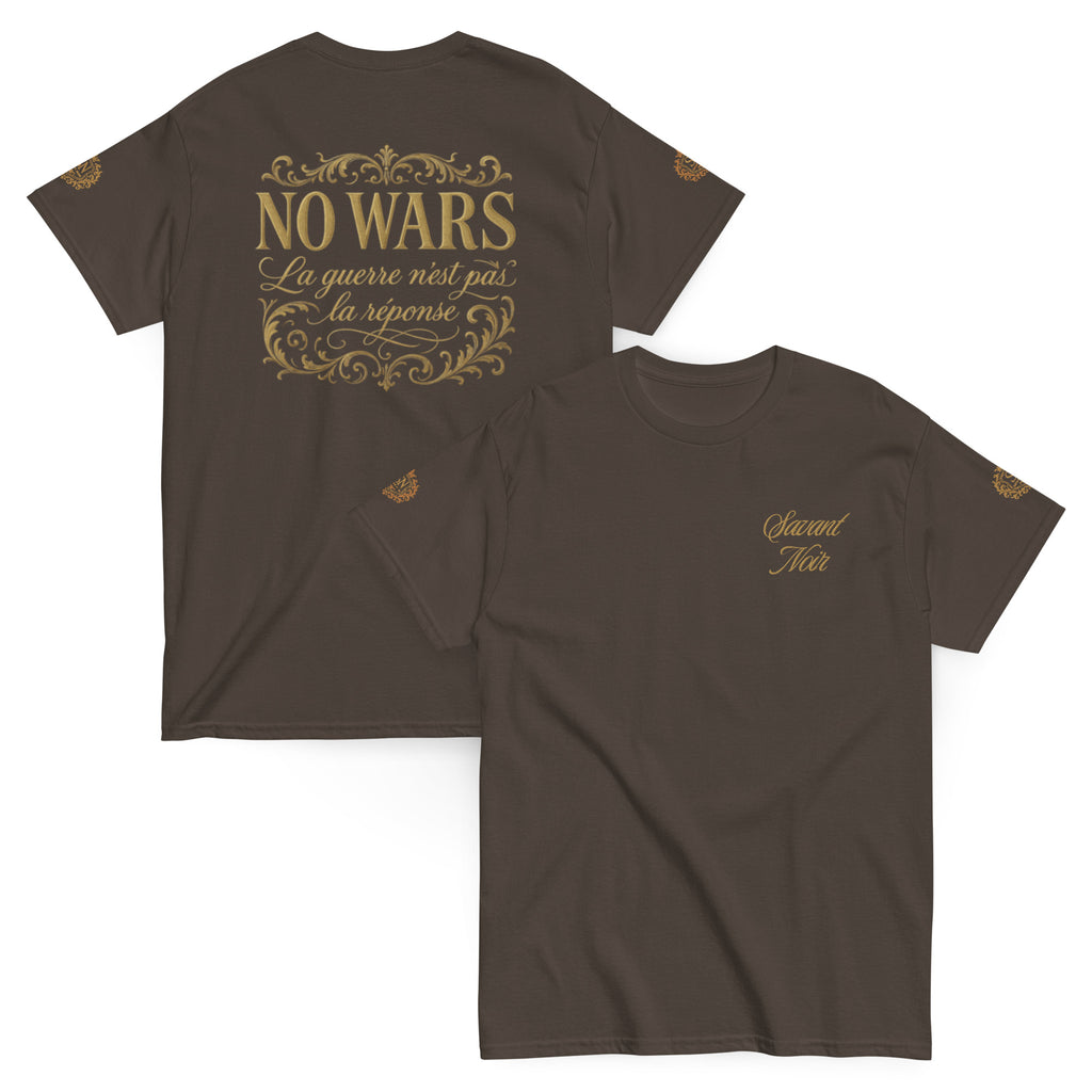 SAVANT NOIR NO WARS embroidered tee brown shirt with gold text and decorative designs on front and back