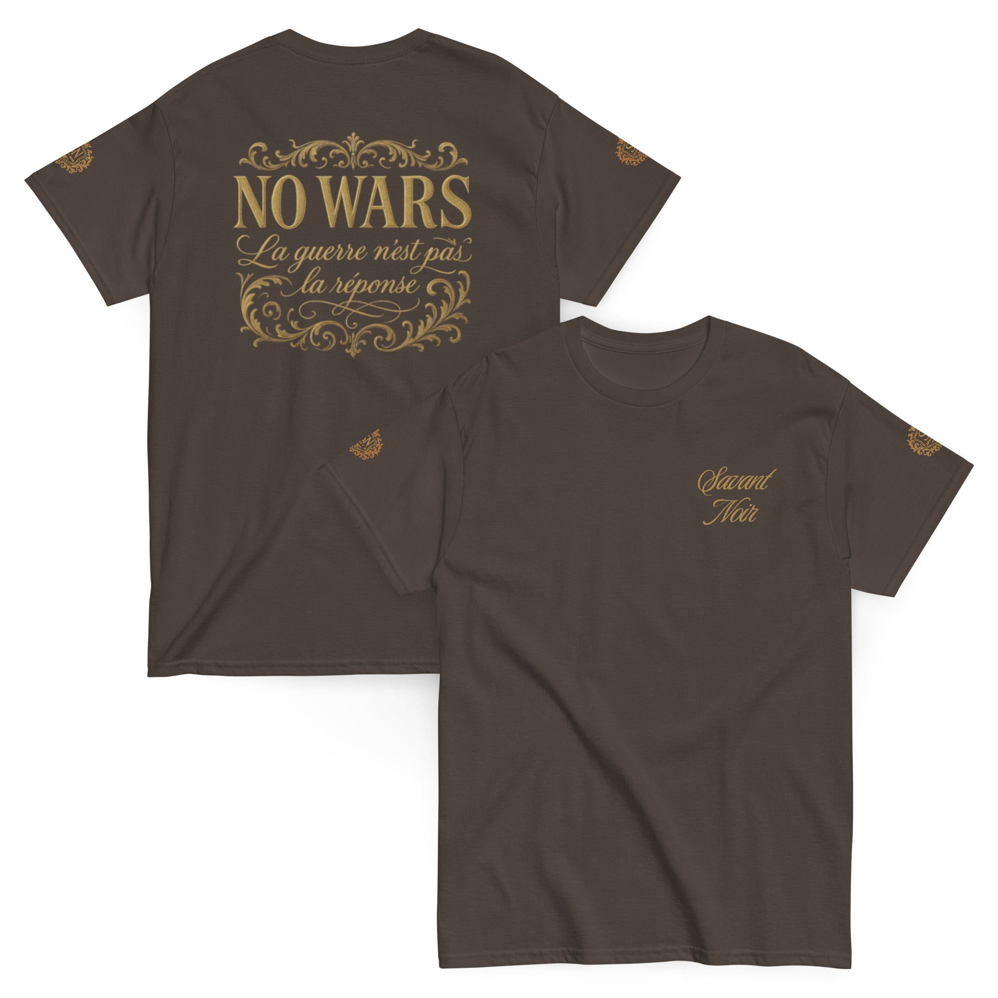 SAVANT NOIR NO WARS embroidered tee brown shirt with gold text and decorative designs on front and back