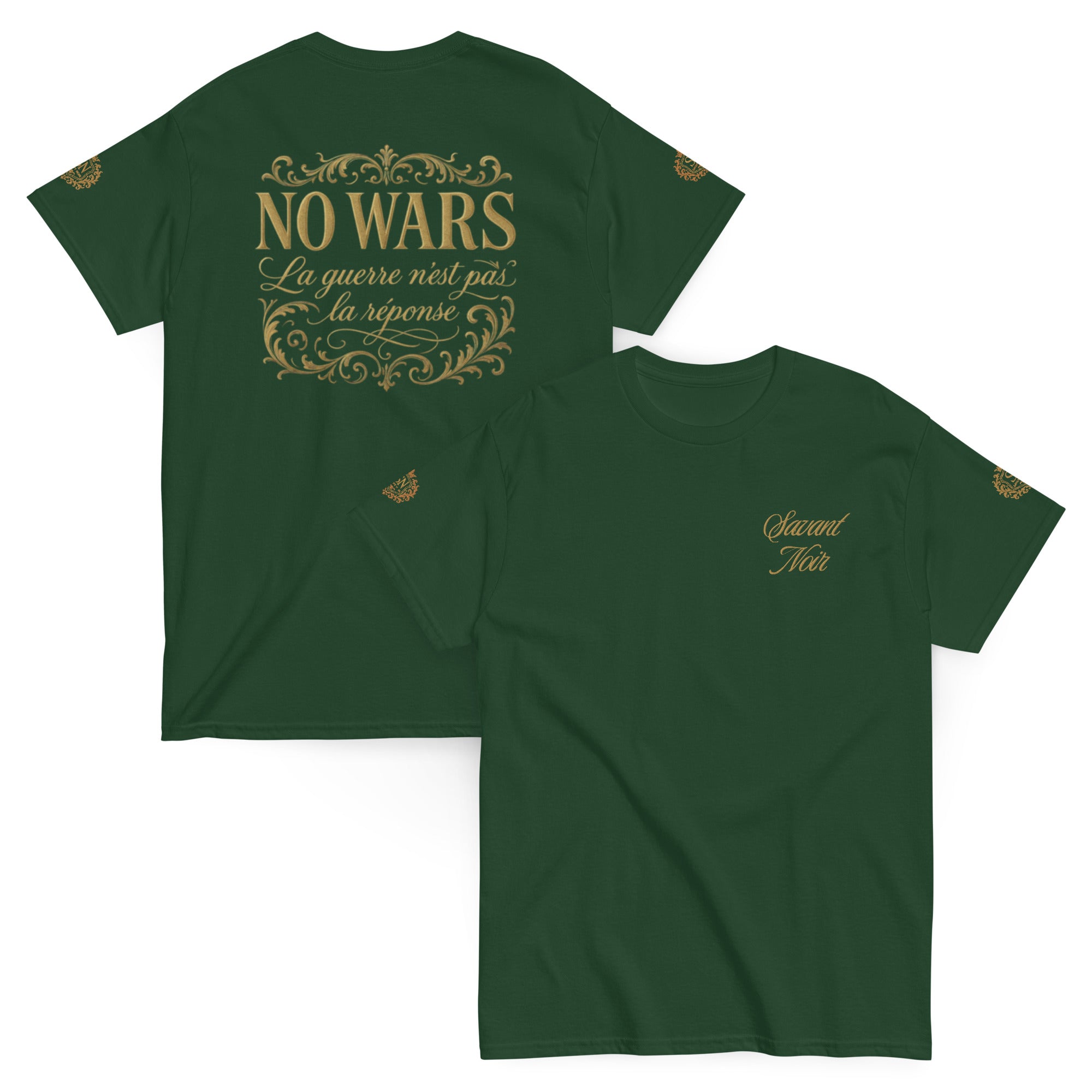 SAVANT NOIR NO WARS embroidered tee in dark green with gold decorative text on front and back