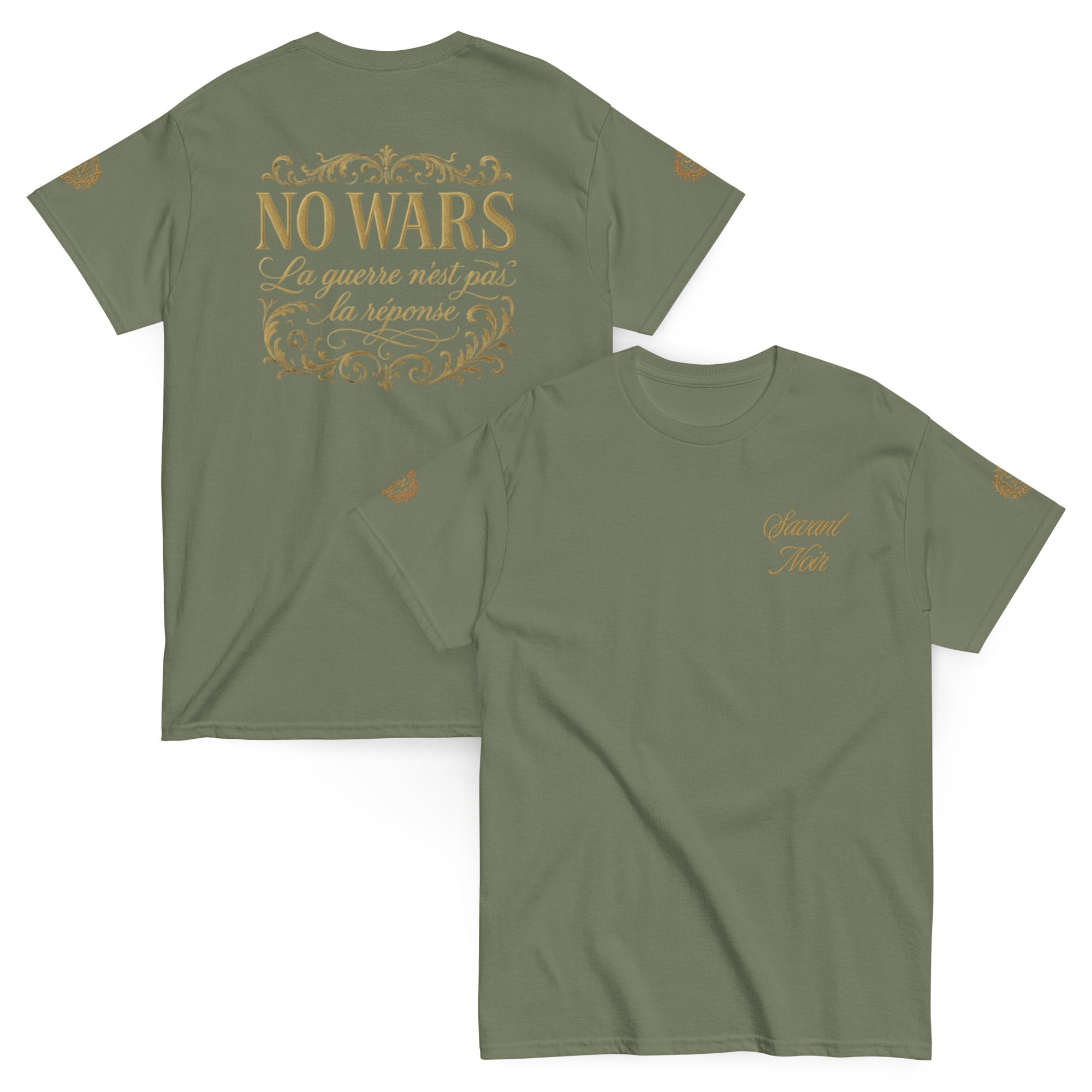 SAVANT NOIR olive green NO WARS embroidered tee with gold script design on front and back