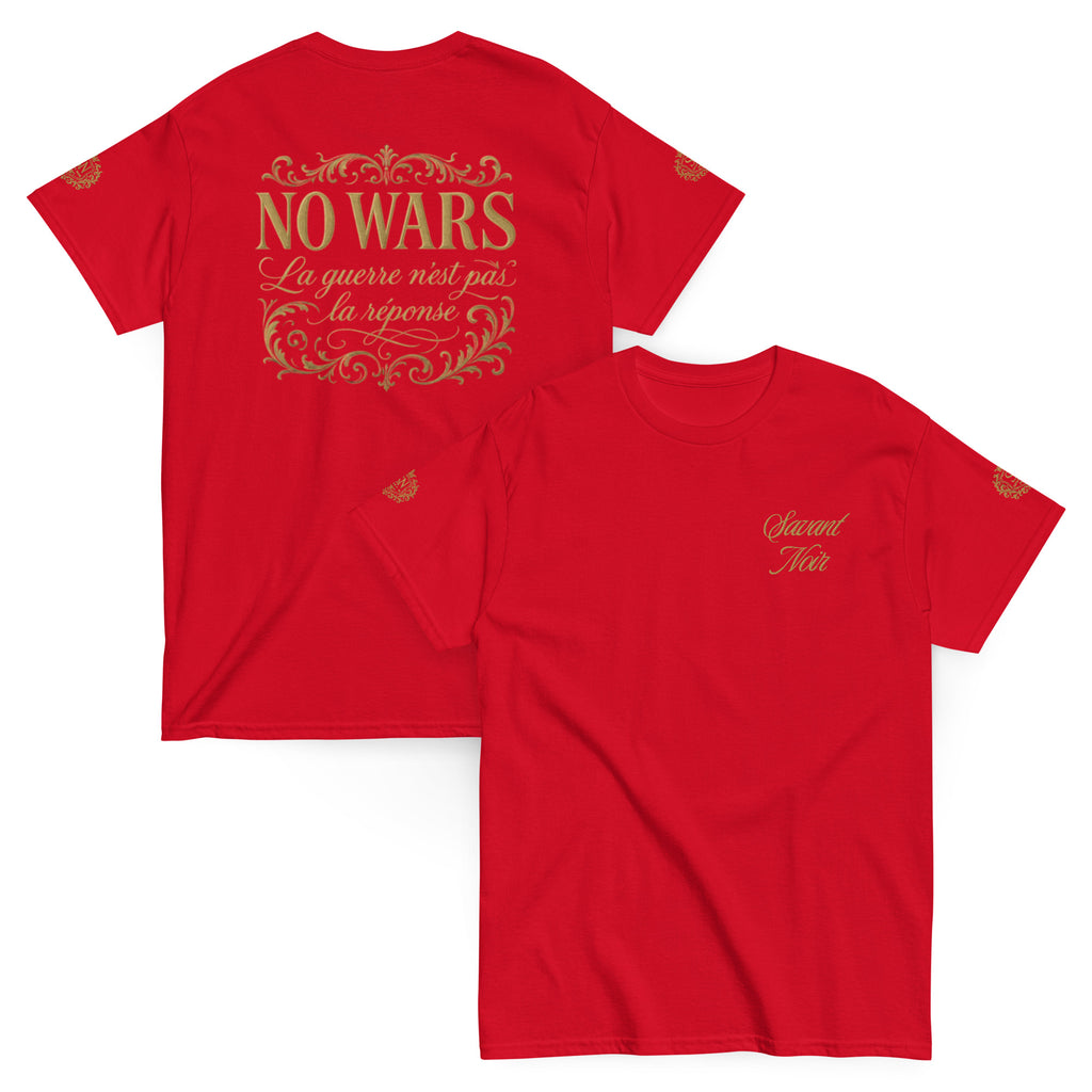 SAVANT NOIR red NO WARS embroidered tee with gold text and decorative design on front and back