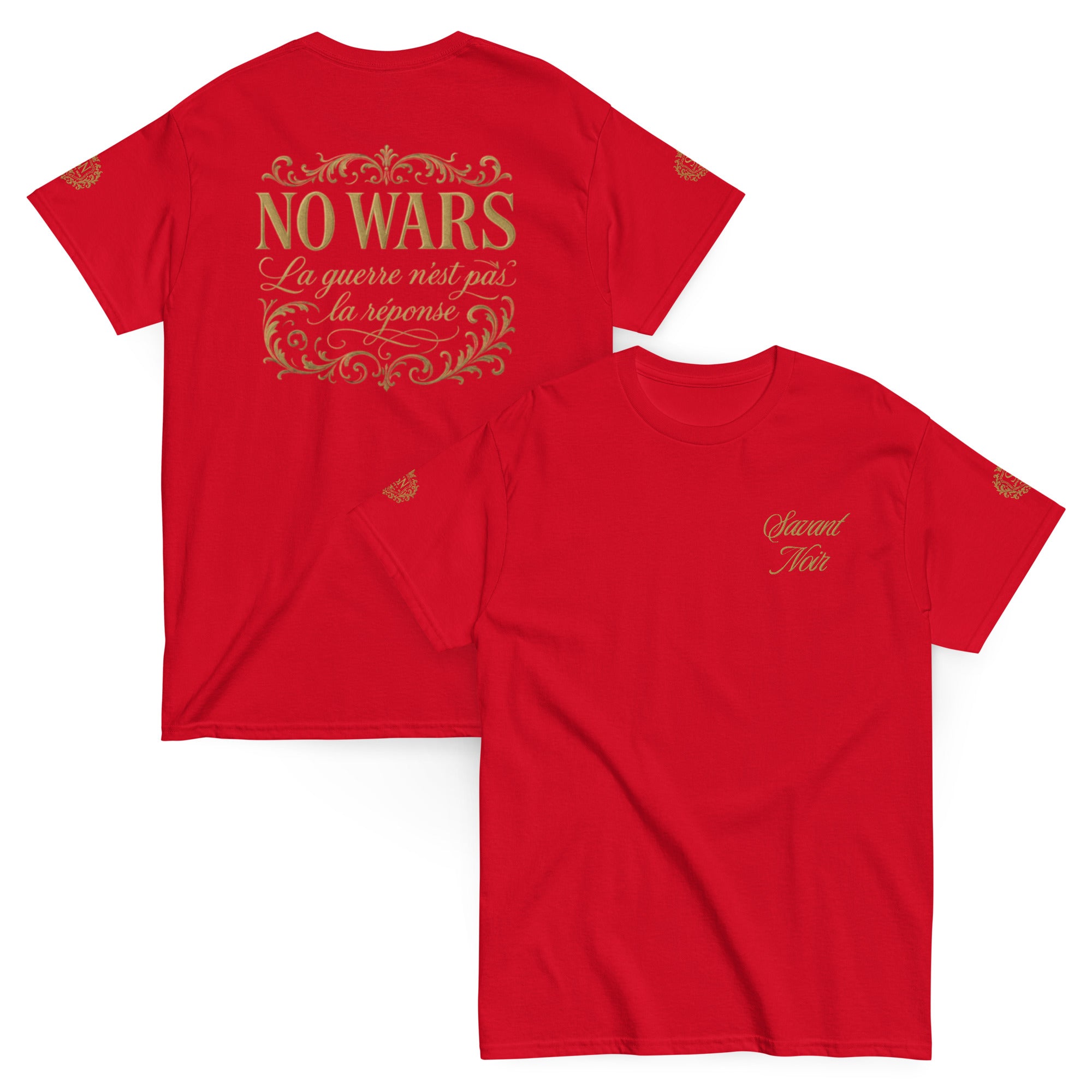 SAVANT NOIR red NO WARS embroidered tee with gold text and decorative design on front and back