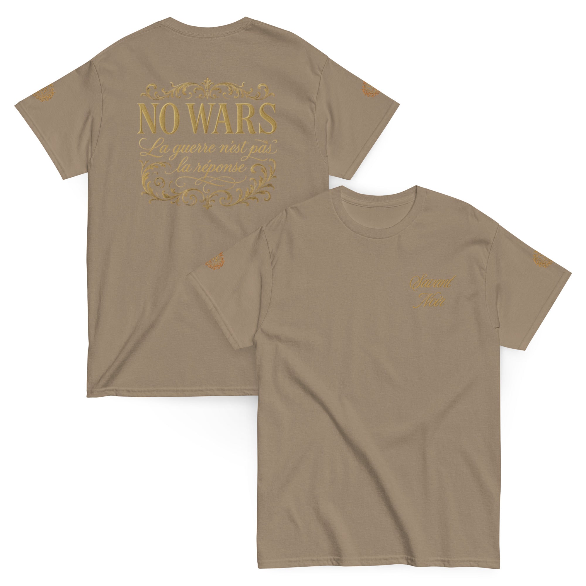 SAVANT NOIR NO WARS embroidered tee in beige with gold decorative text on front and back