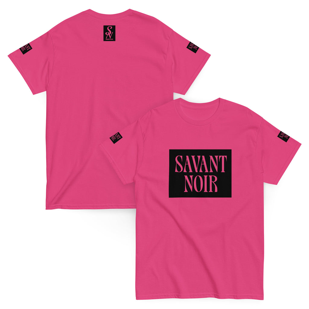 Pink SAVANT NOIR premium classic design t-shirt with black logo on front and back