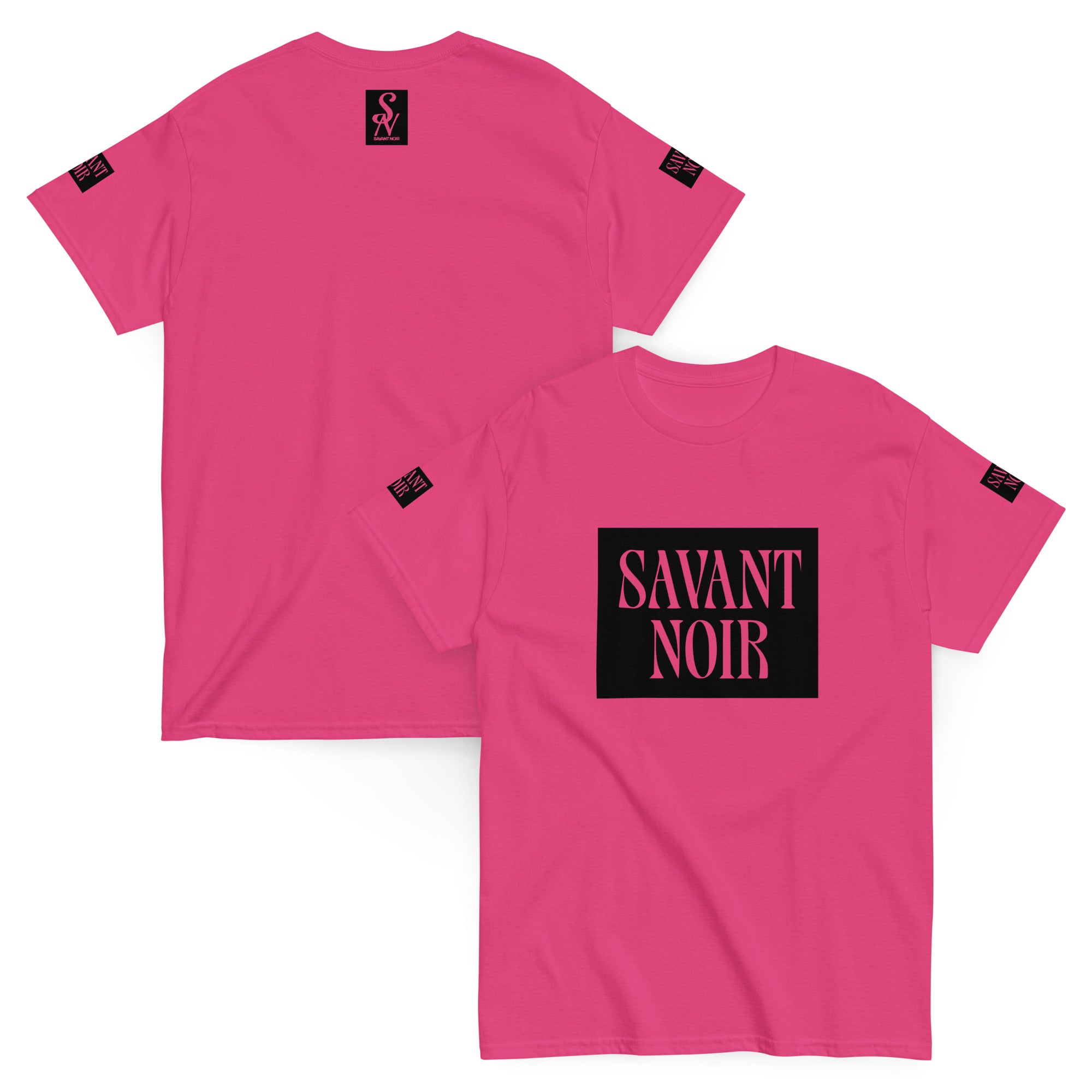 Pink SAVANT NOIR premium classic design t-shirt with black logo on front and back