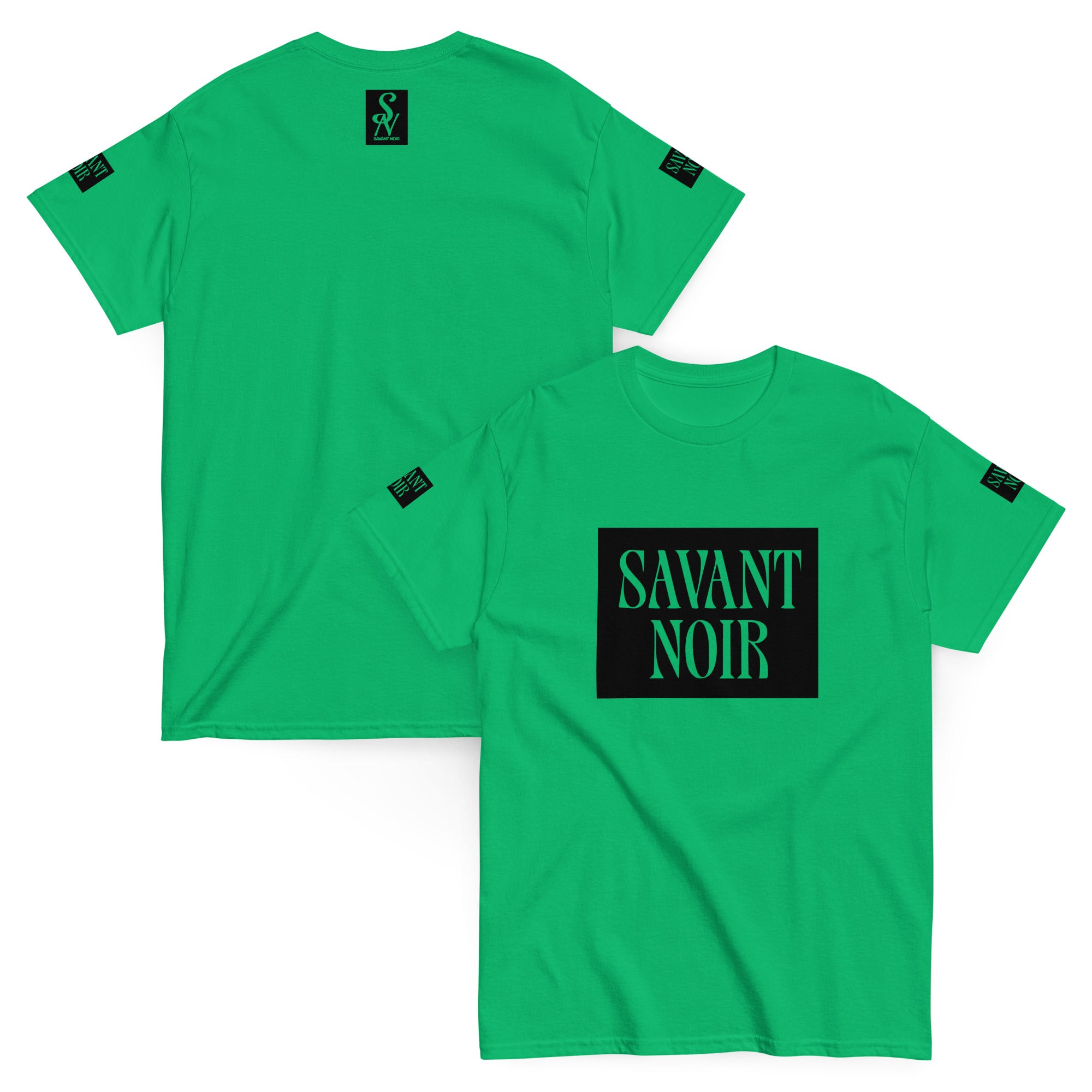 Green SAVANT NOIR premium classic design t-shirt with black logo print on front and sleeves