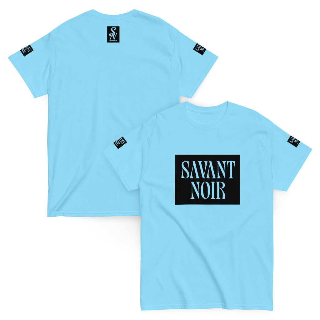 Light blue SAVANT NOIR premium classic design t-shirt with black logo print on front and back