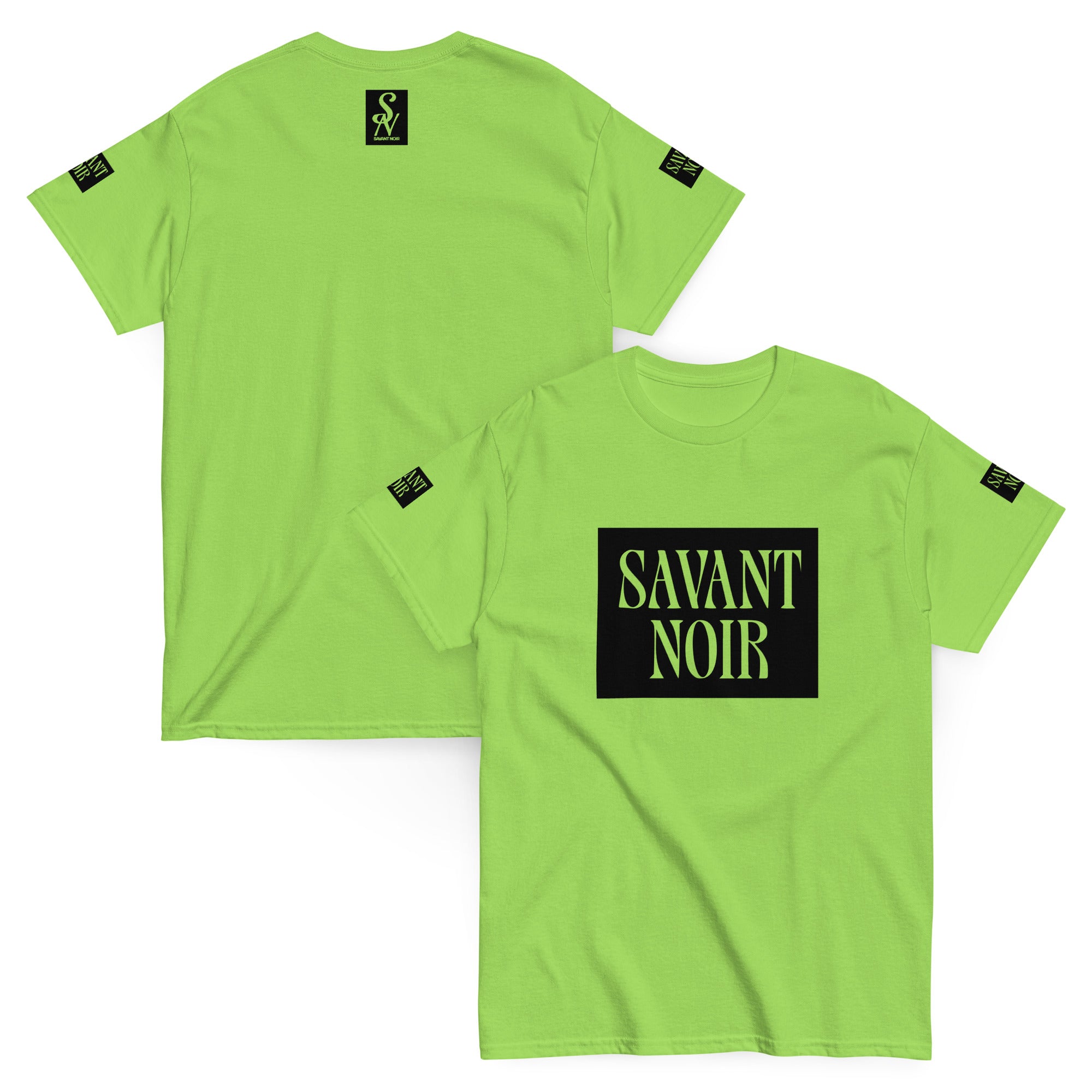 SAVANT NOIR neon green premium classic design t-shirt with black logo on front and back