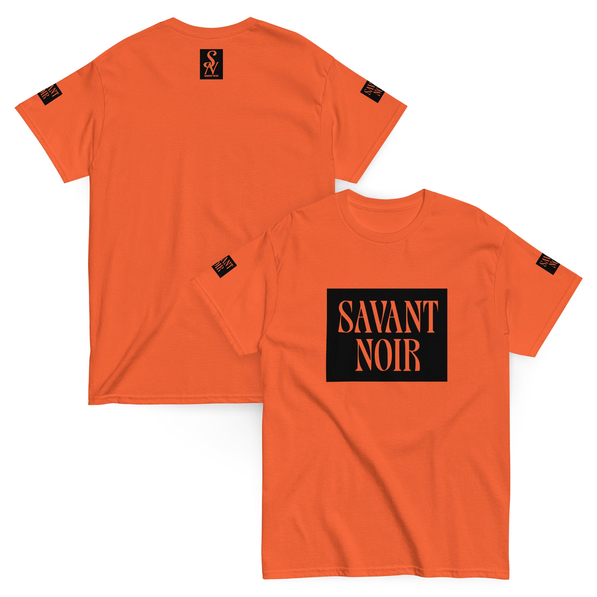 Orange SAVANT NOIR premium classic design t-shirt with black logo print on front, back, and sleeves