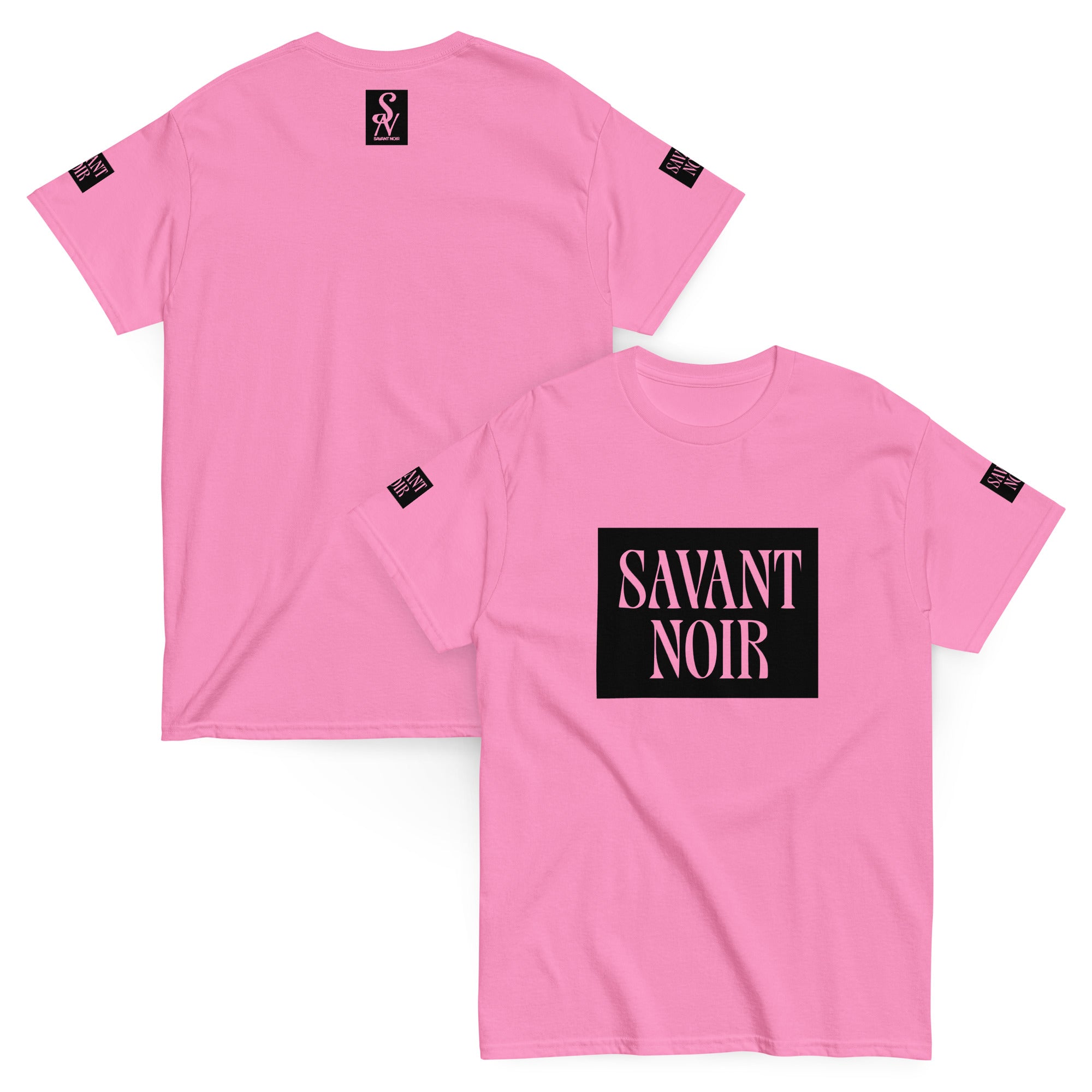 Pink SAVANT NOIR premium classic design t-shirt with black logo prints on front, back, and sleeves