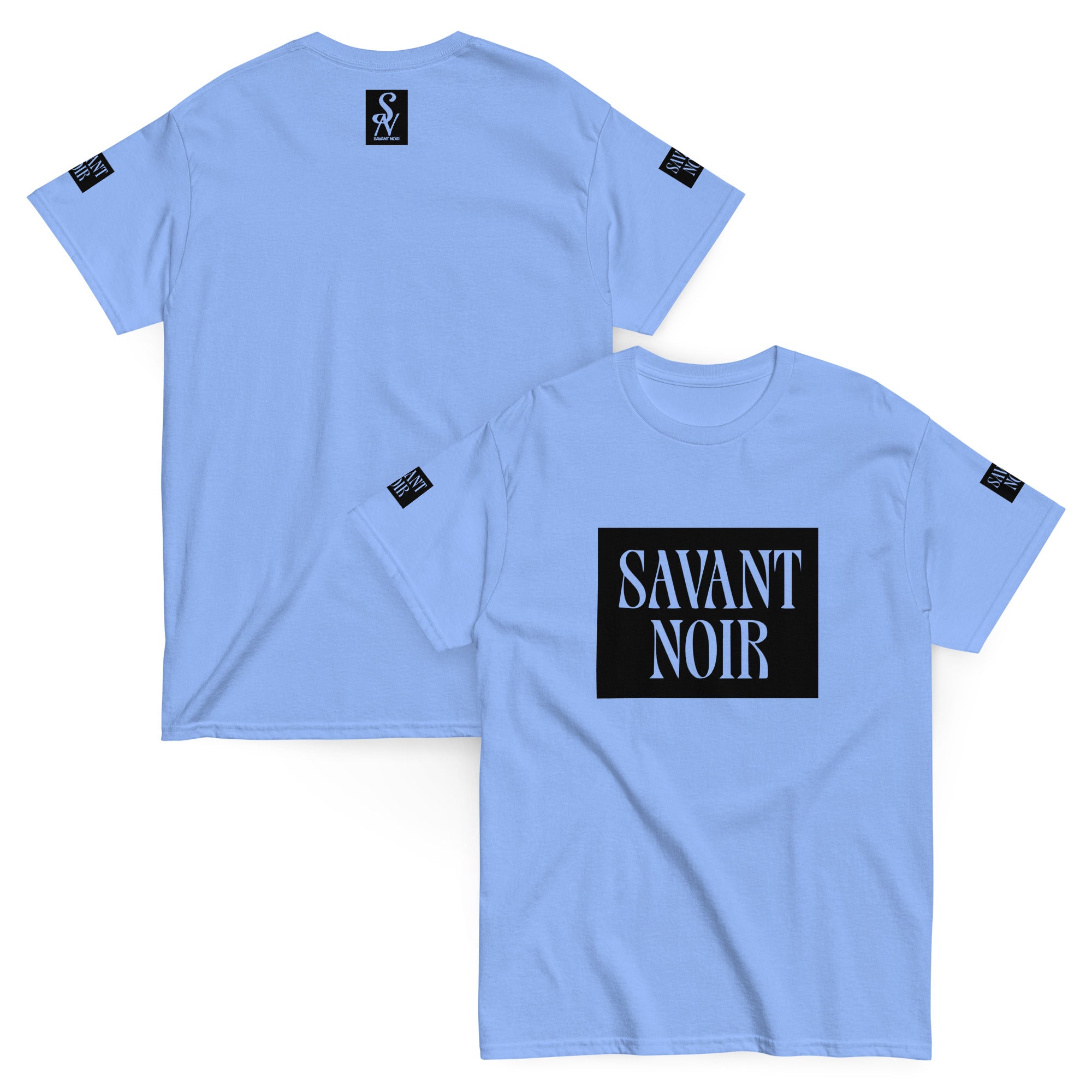 SAVANT NOIR light blue premium classic design t-shirt with black logo on front and back