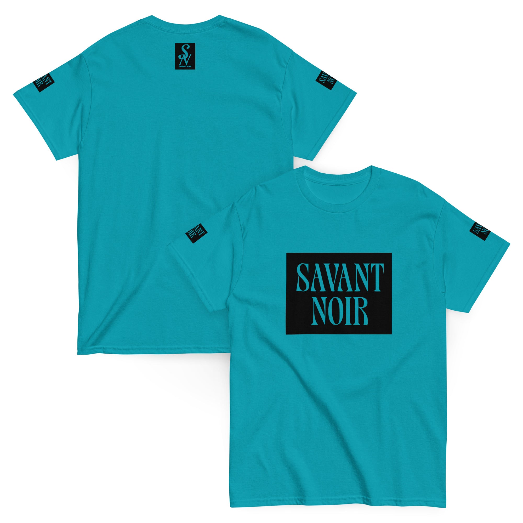 SAVANT NOIR premium classic design t-shirt in teal with black logo print on front, back, and sleeves