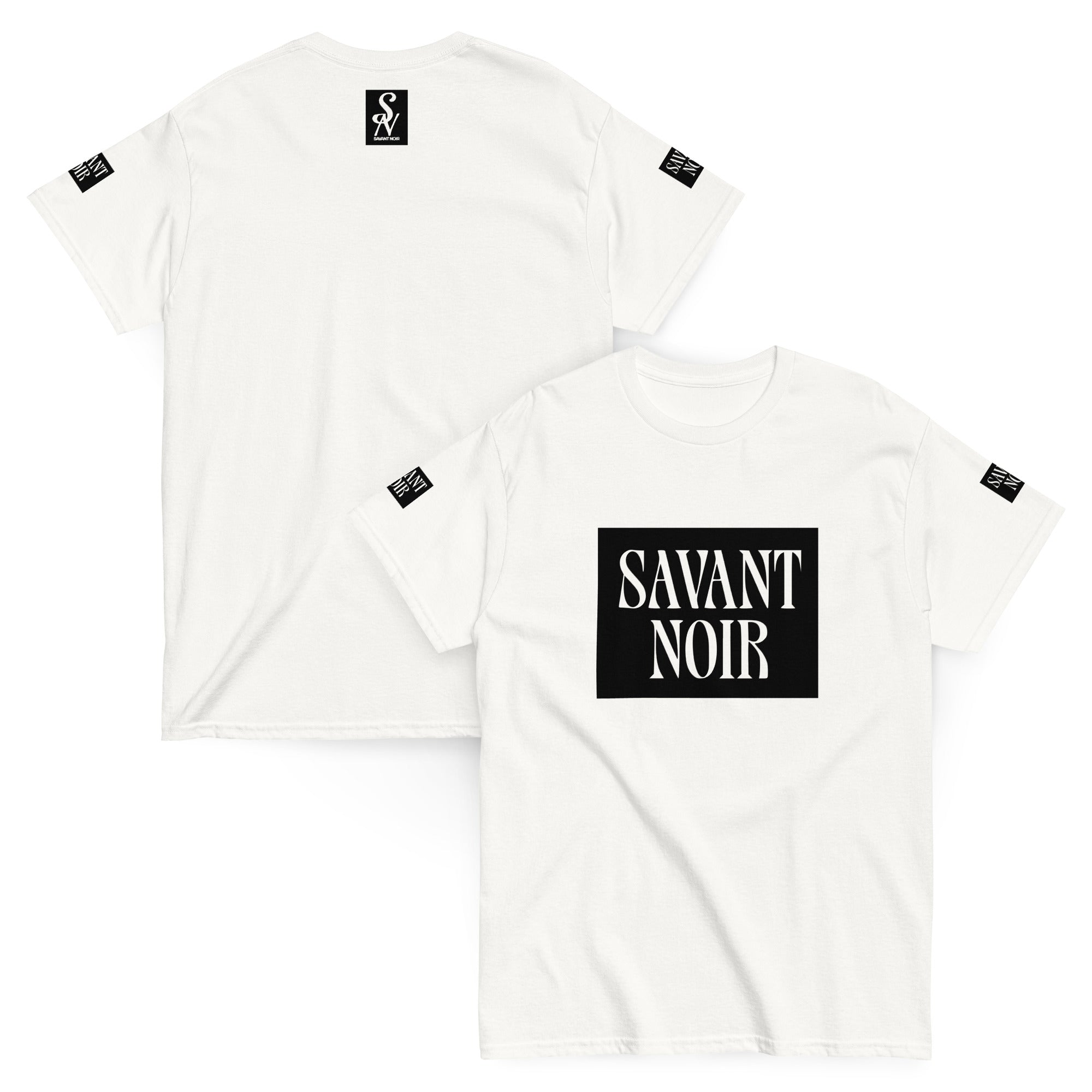 White SAVANT NOIR premium classic design t-shirt with black logo print on front and sleeve patches