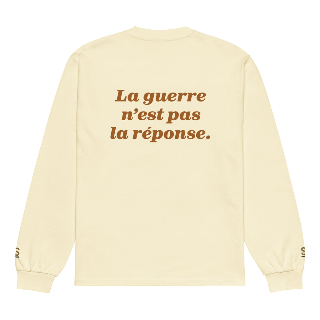 SAVANT NOIR premium cotton statement tee in cream with French text printed on back and long sleeves