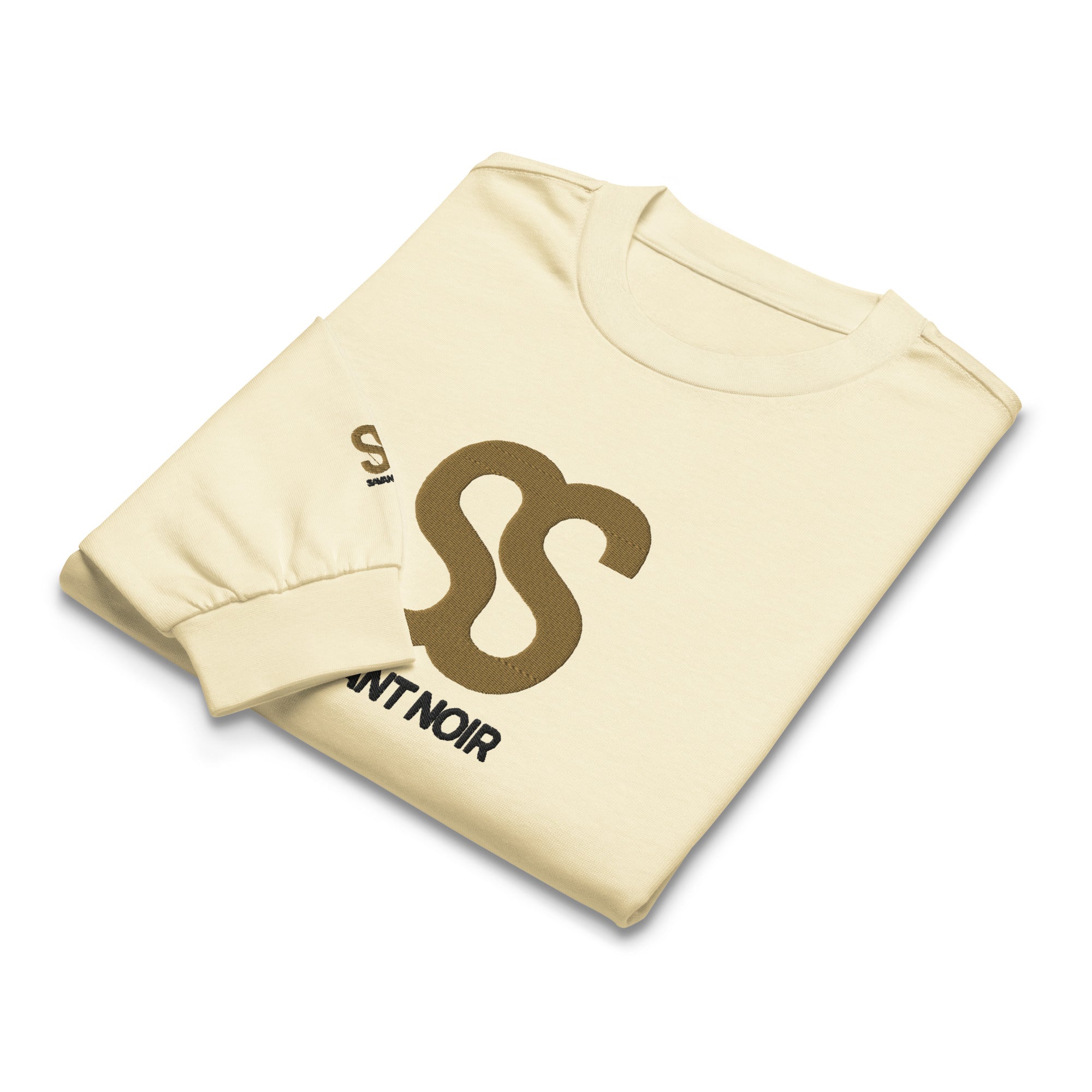 SAVANT NOIR beige premium cotton statement tee with bold logo print folded neatly