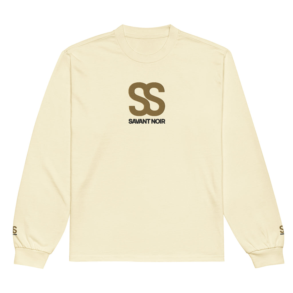 SAVANT NOIR beige long sleeve premium cotton statement tee with SS logo on chest and sleeves