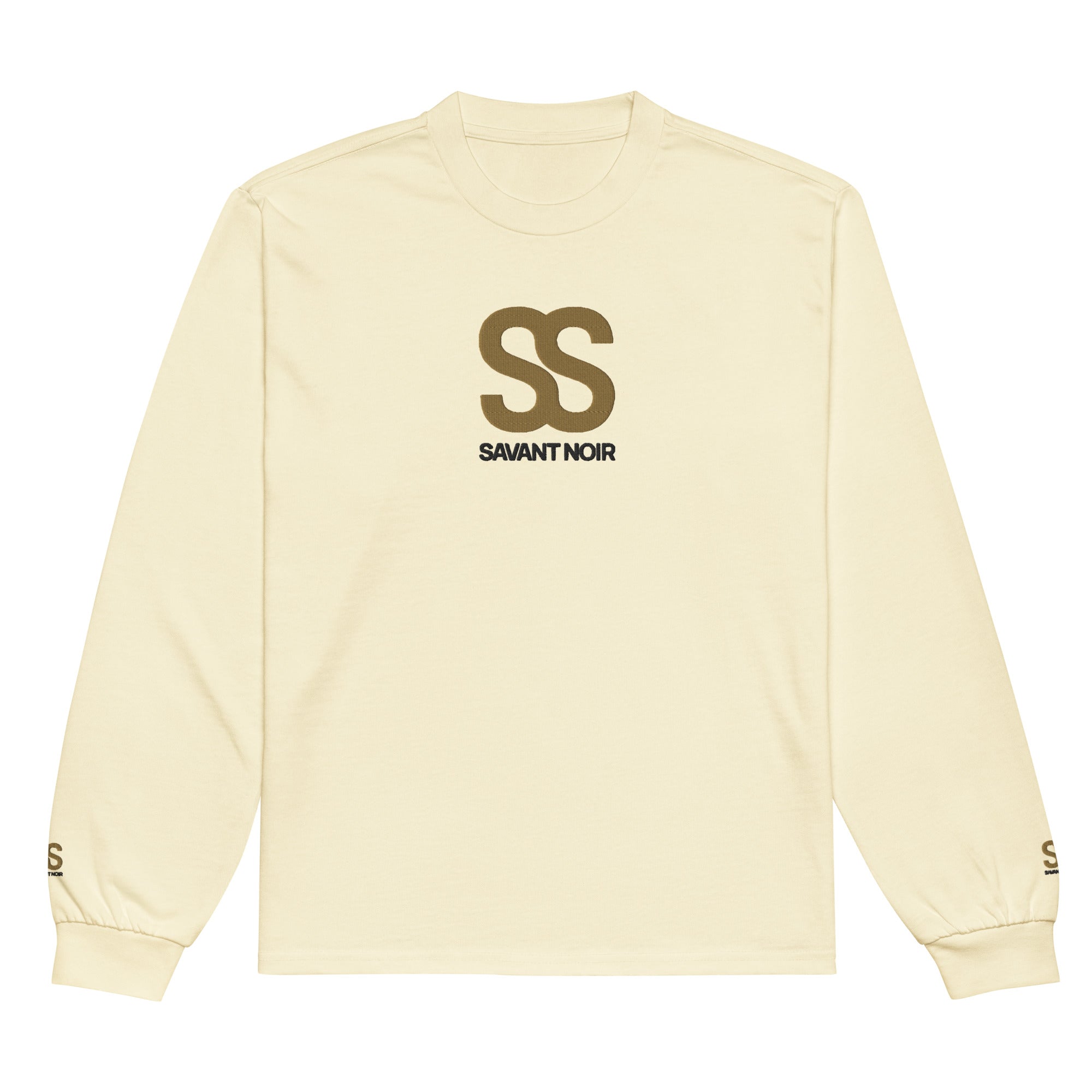 SAVANT NOIR beige long sleeve premium cotton statement tee with SS logo on chest and sleeves