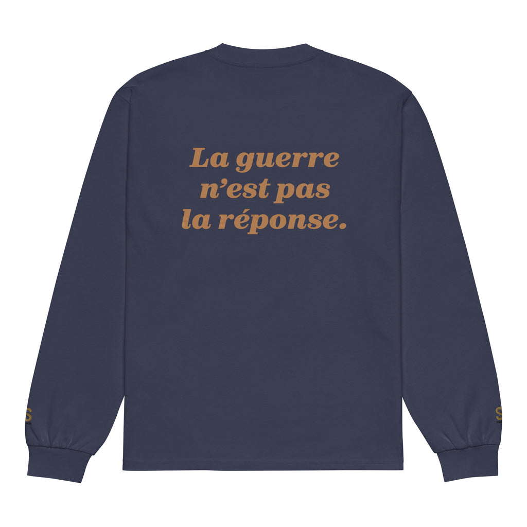 SAVANT NOIR navy long sleeve premium cotton statement tee with French text on the back